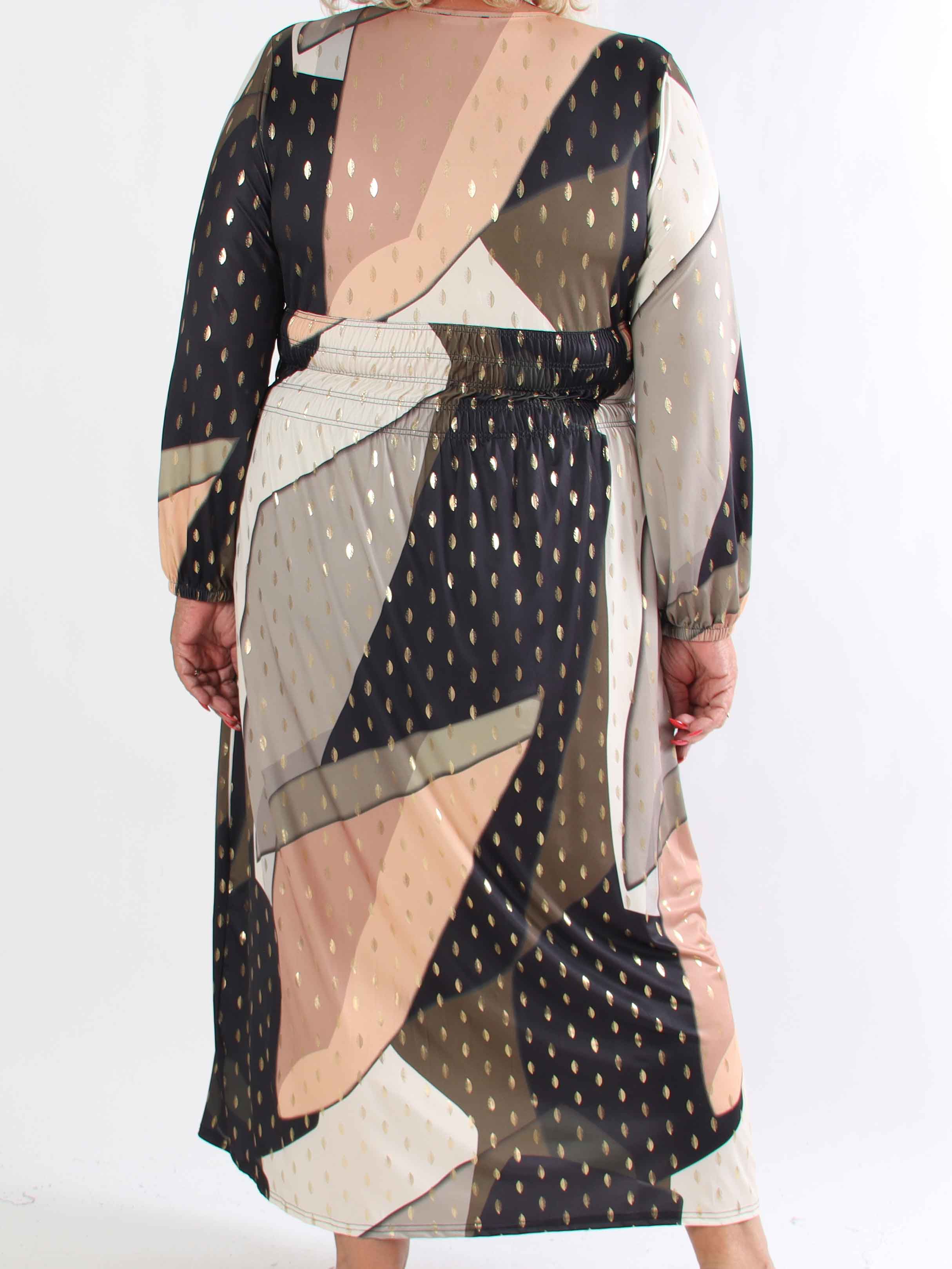 Pams Abstract L/S - Elastisk flerfärgad plus size klänning med gulddetaljer