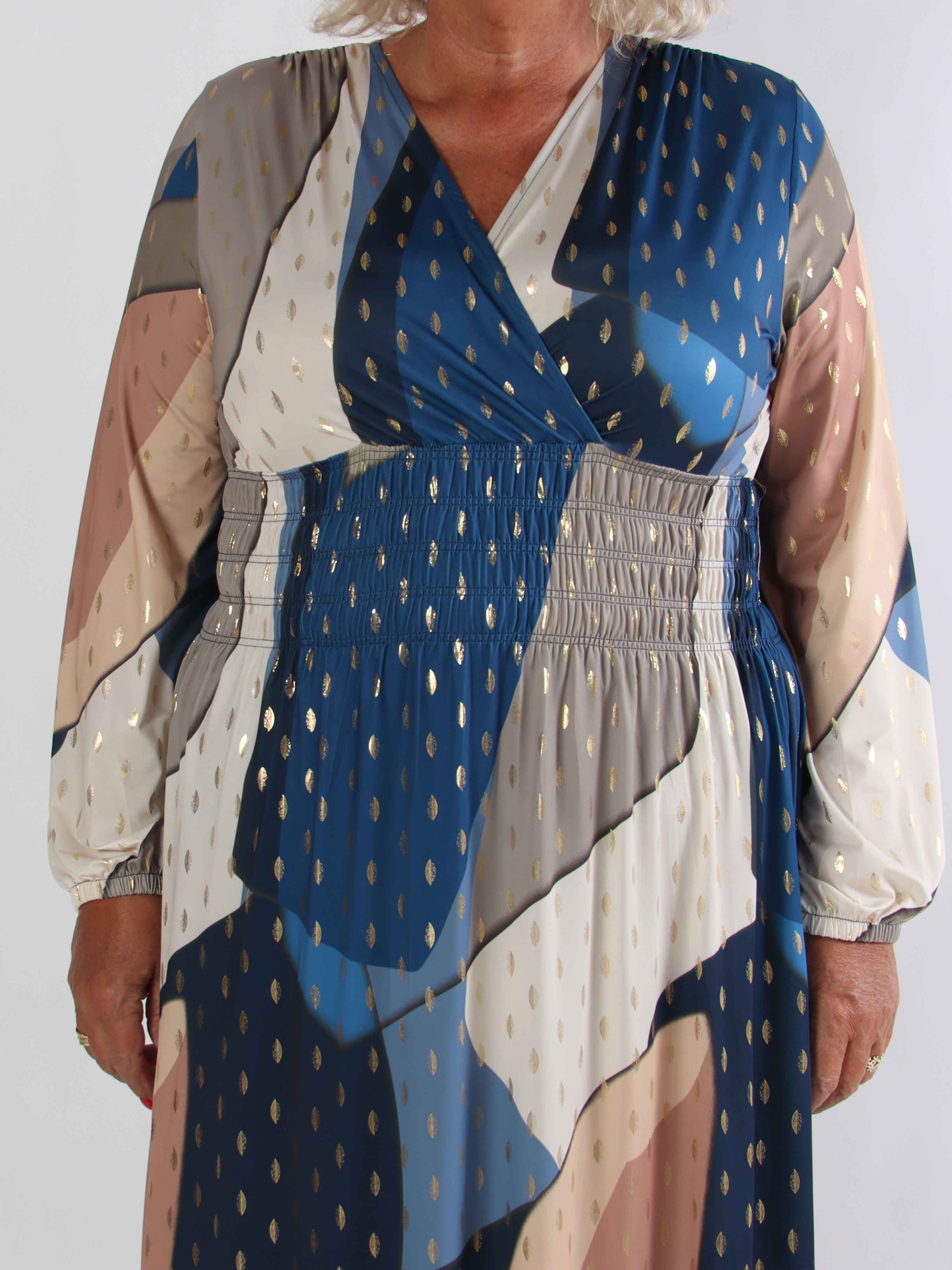 Pams Abstract L/S - Elastisk flerfärgad plus size klänning med gulddetaljer