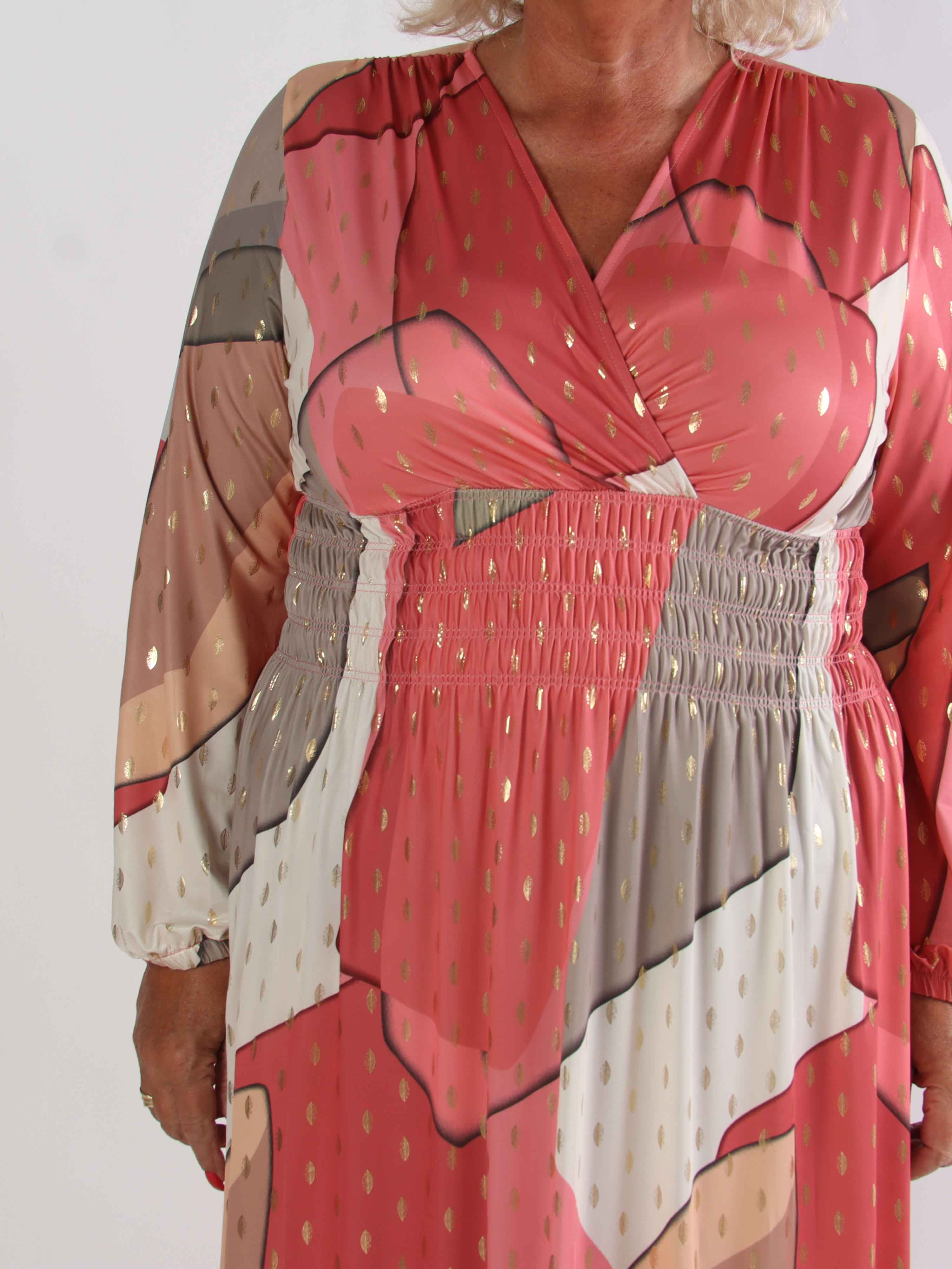 Pams Abstract L/S - Elastisk flerfärgad plus size klänning med gulddetaljer