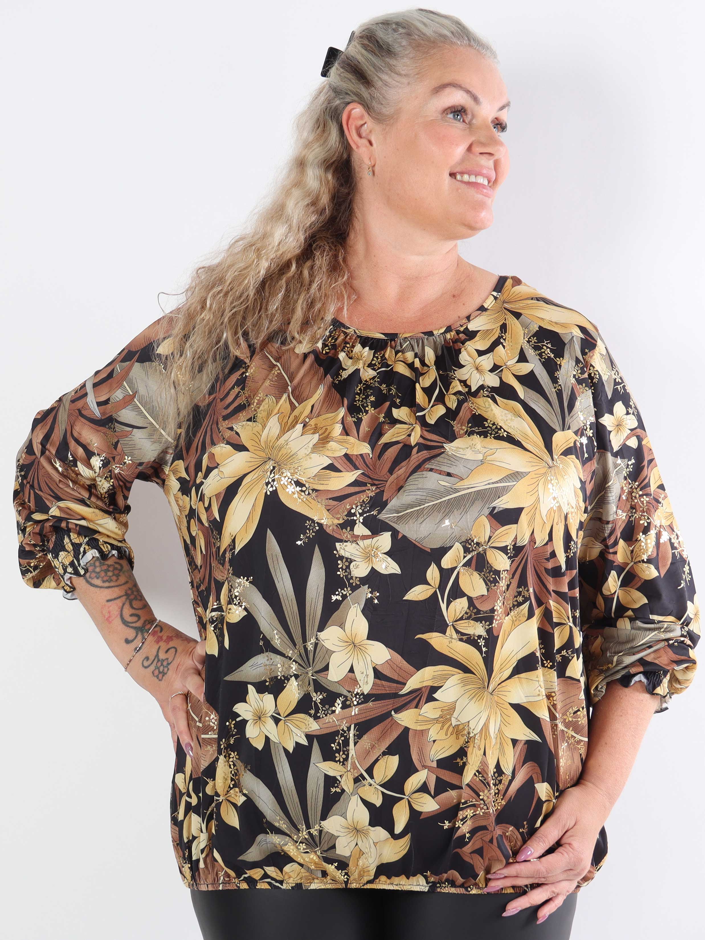 Miracle Gold Flower L/S - Blommig elastisk plus size-blus