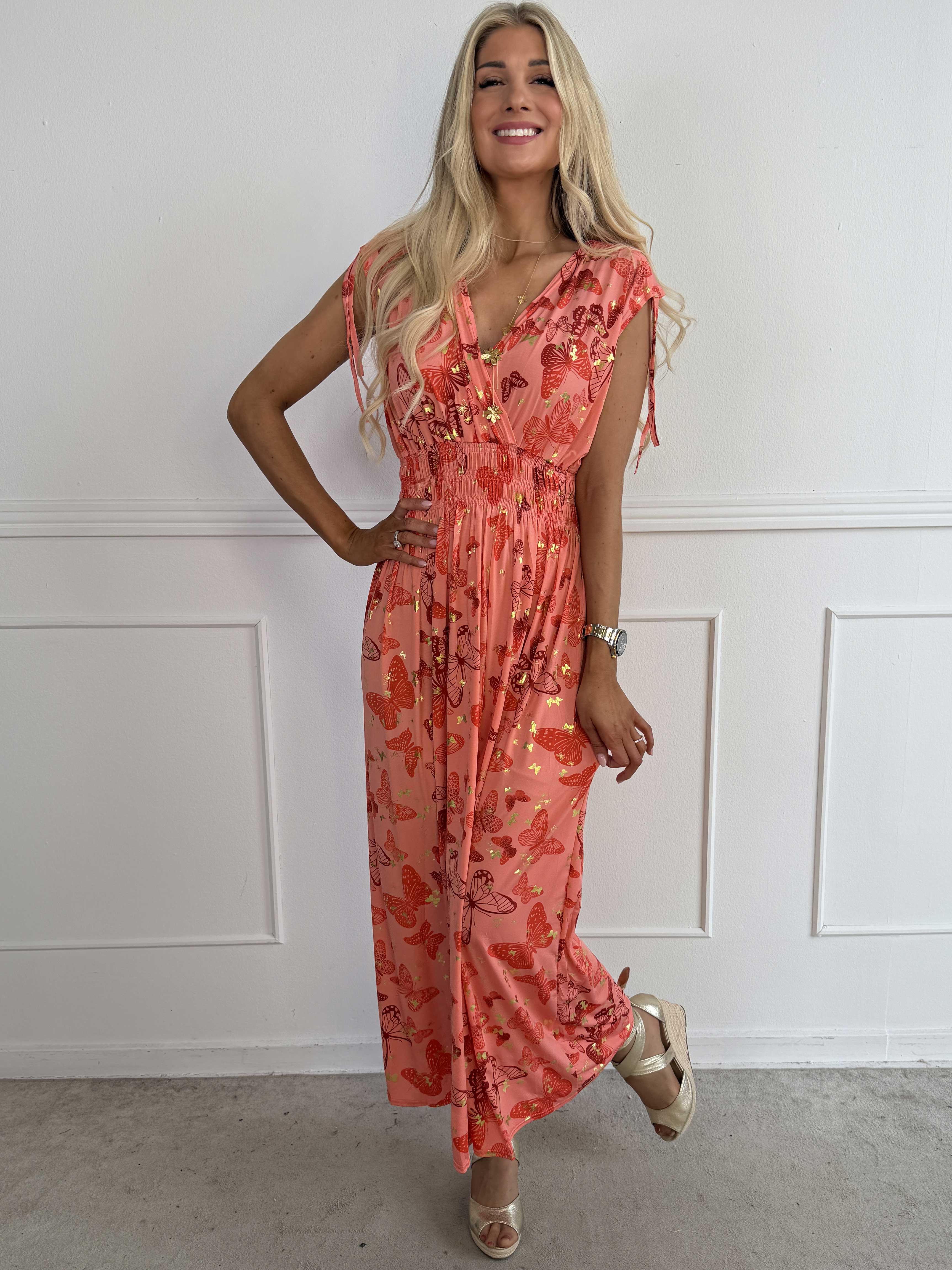 Pams Butterfly Sleeveless - Lang elastisk kjole med sommerfugleprint og gulddetaljer