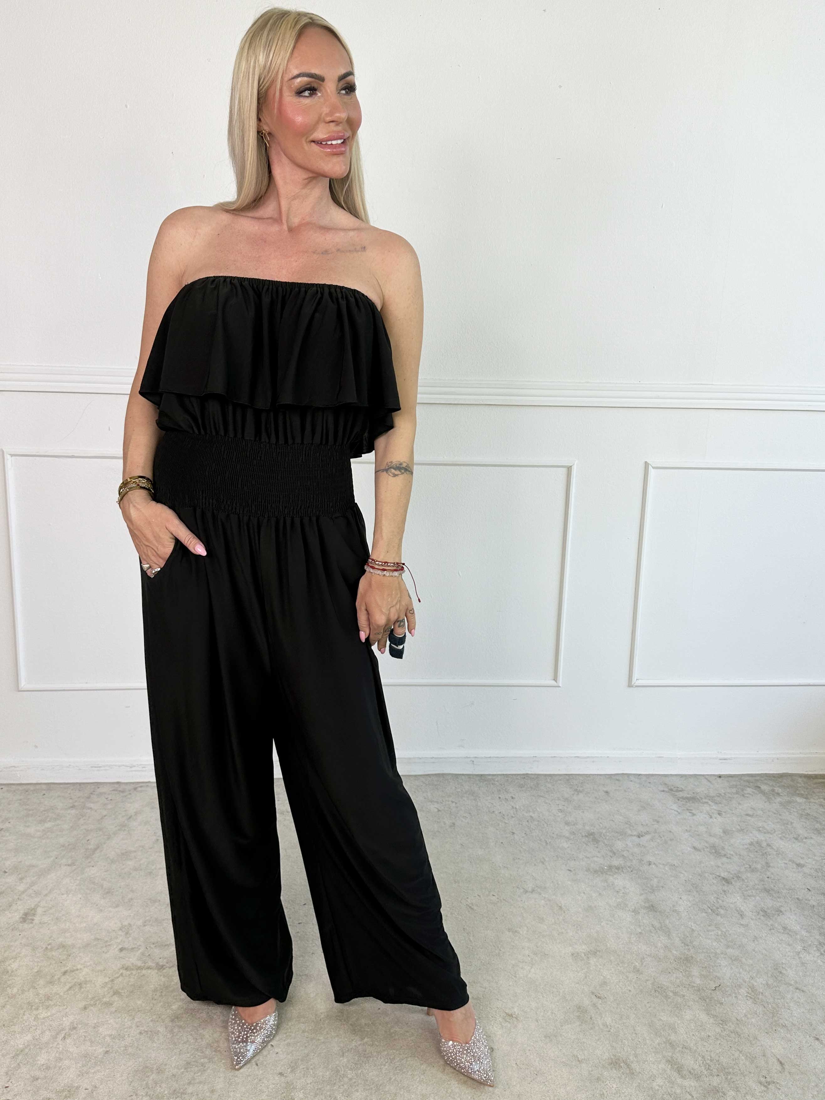 Pams Plain Frill Jumpsuit - Elastisk jumpsuit med smock och volang