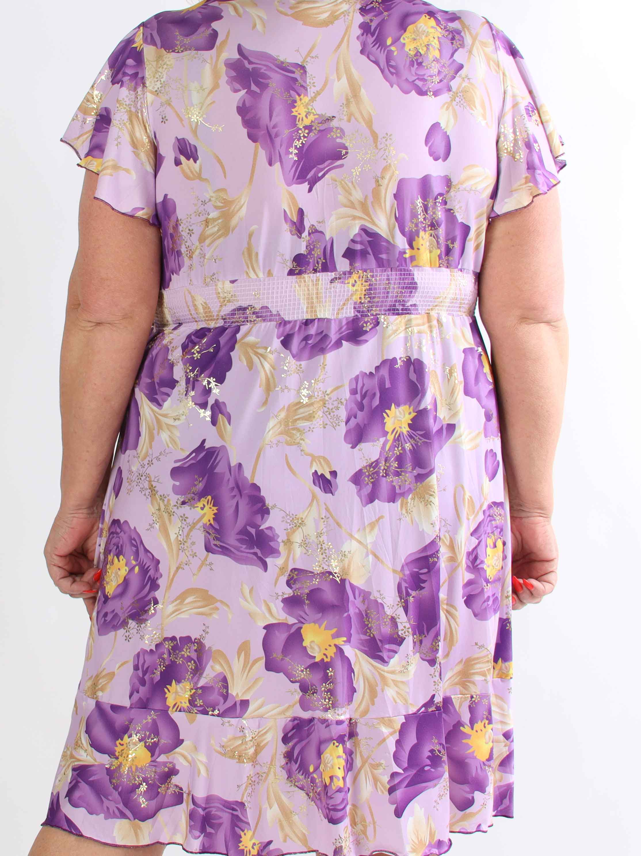 Savina Botanic S/S - Blommig plus size klänning med omlott och volangärmar