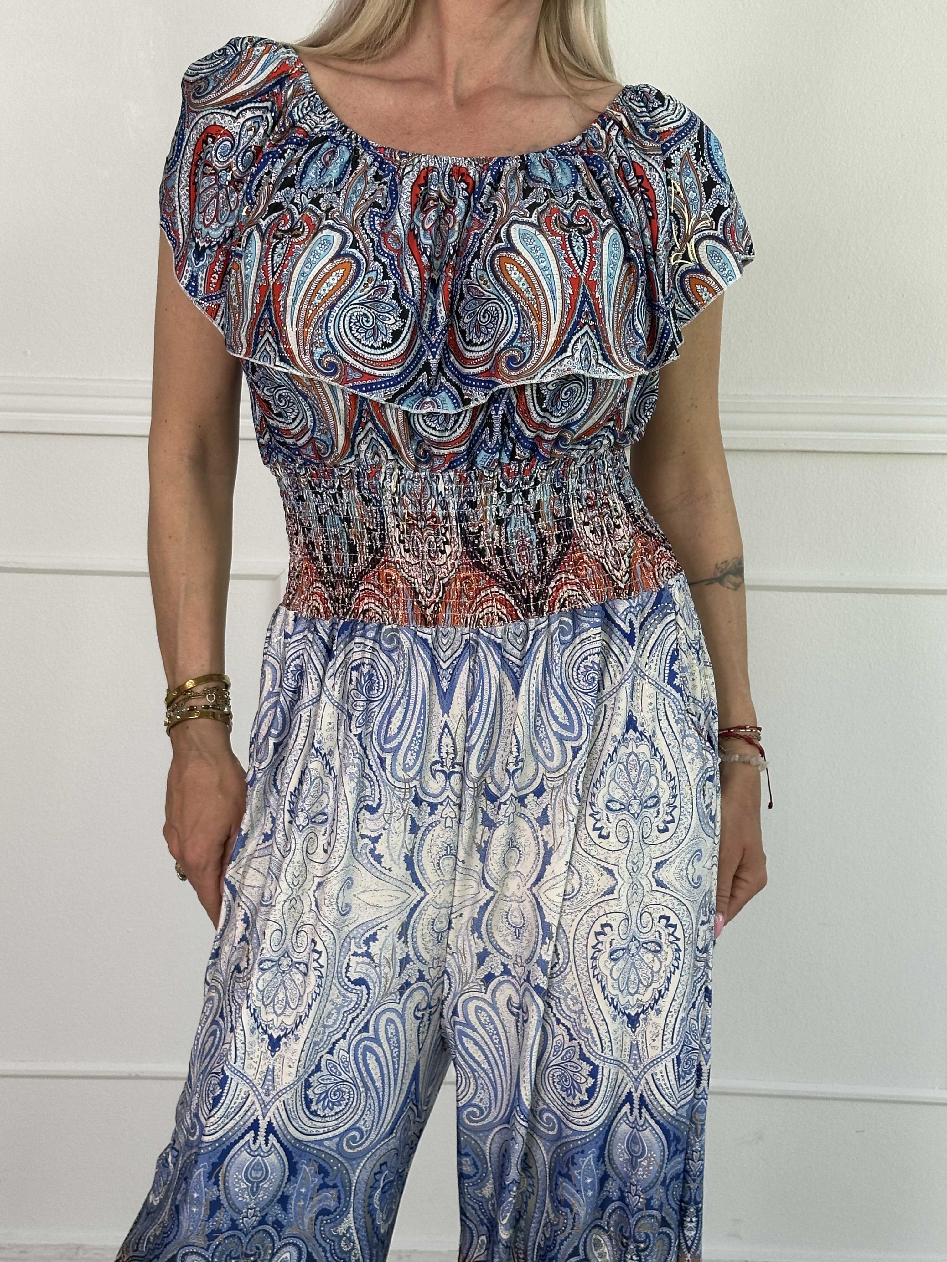 Pams Paisley Frill Jumpsuit - Elastisk jumpsuit med smock och volang
