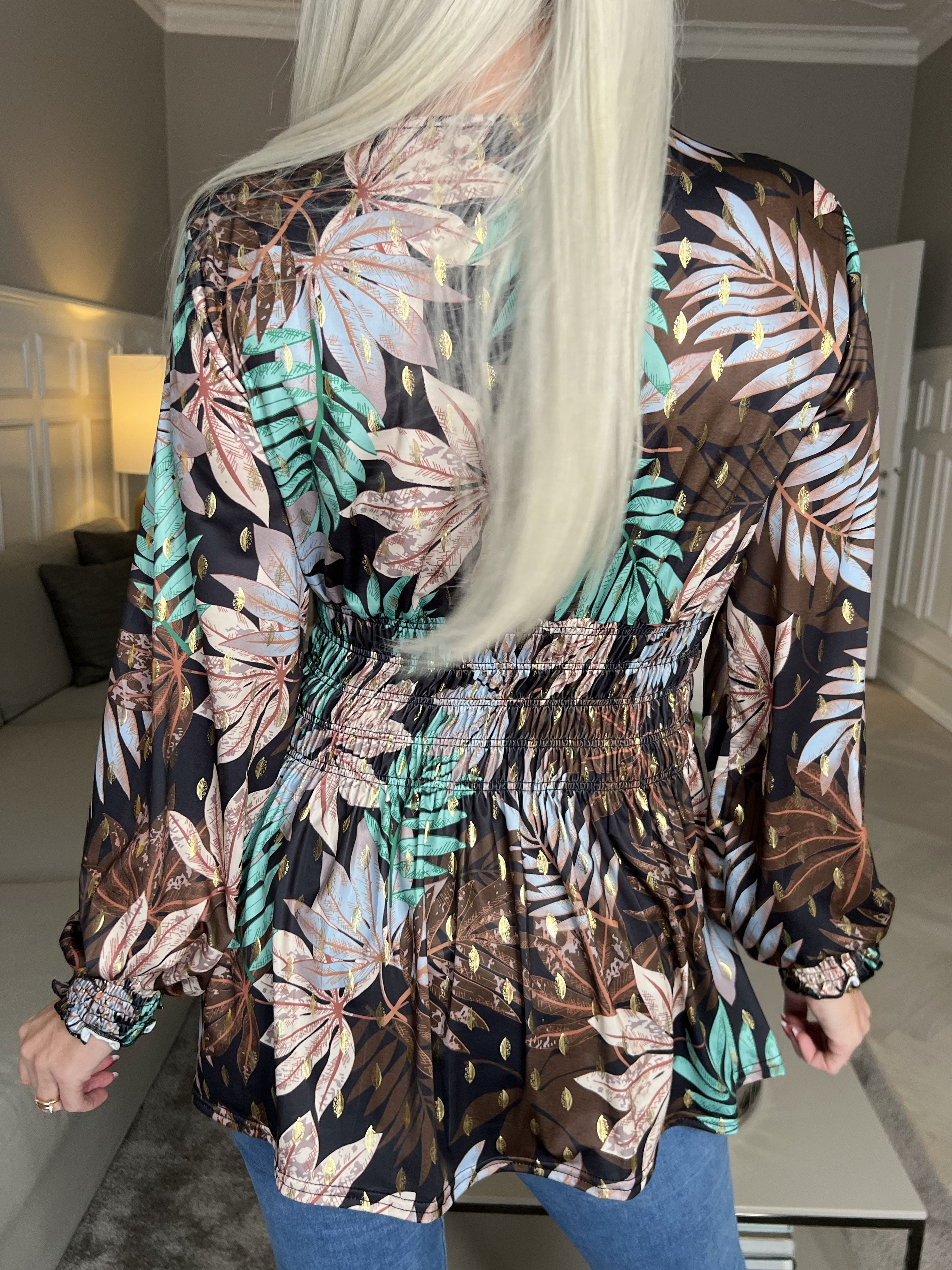 Pams Leaf Shirt L/S - Elastisk blus i skrynkelfritt tyg med långa ärmar
