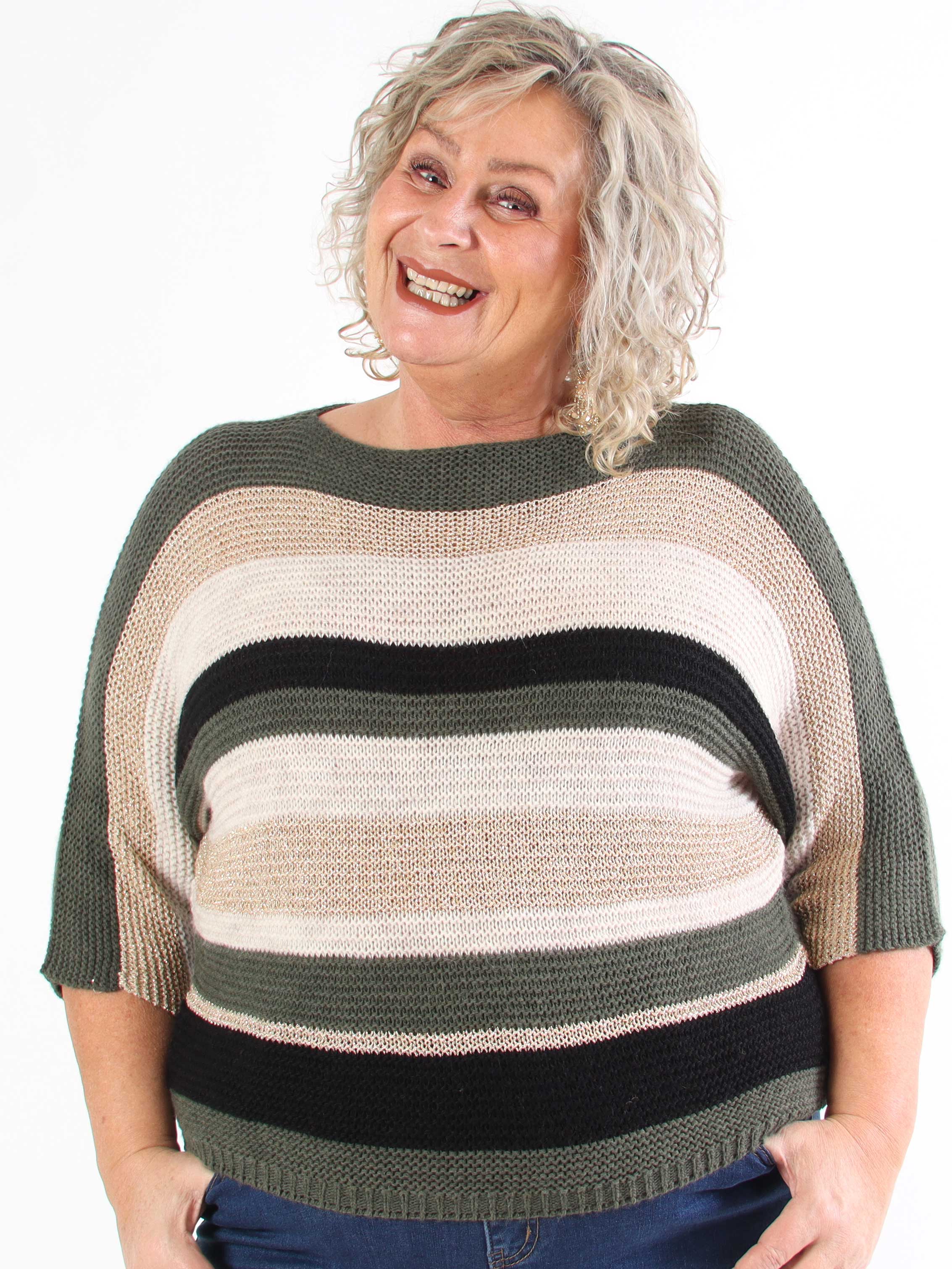 Nina - Stickad blus i plus size med ull- och guldränder