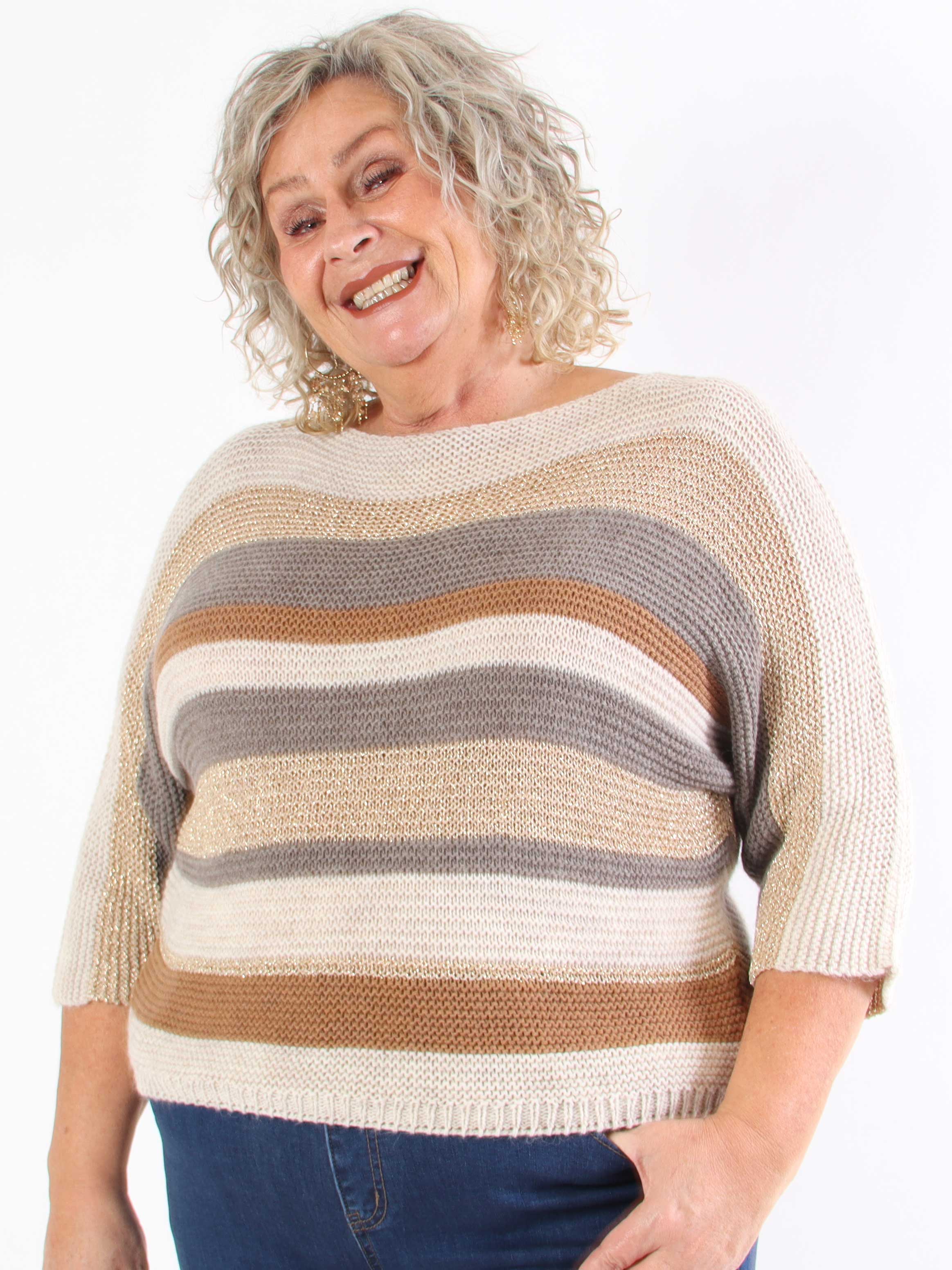 Nina - Stickad blus i plus size med ull- och guldränder
