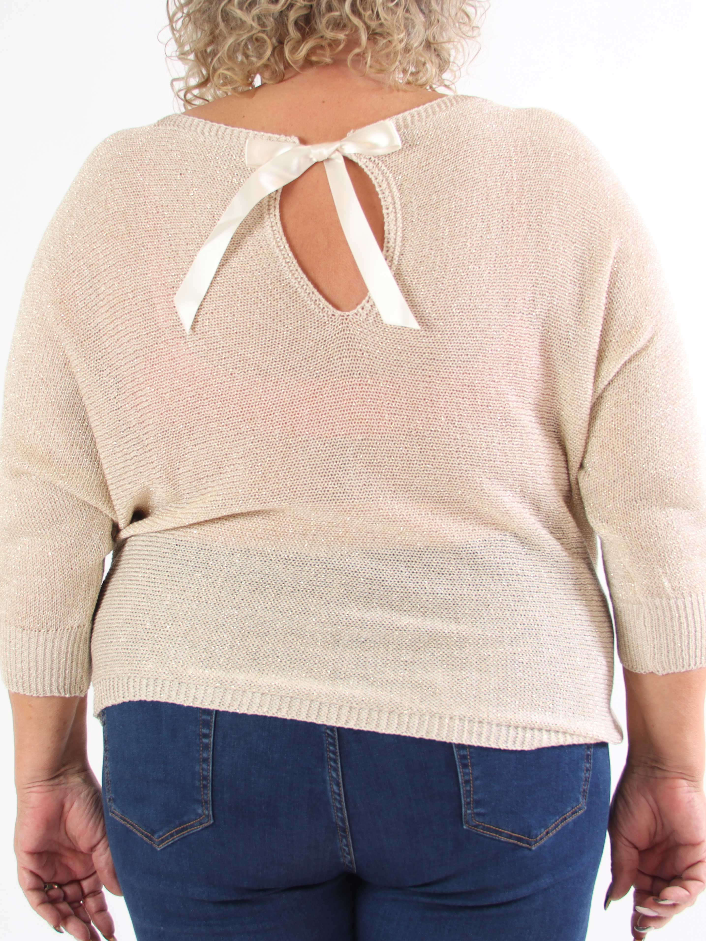Paulina - Stickad blus i plus size med glittertrådar och rosett