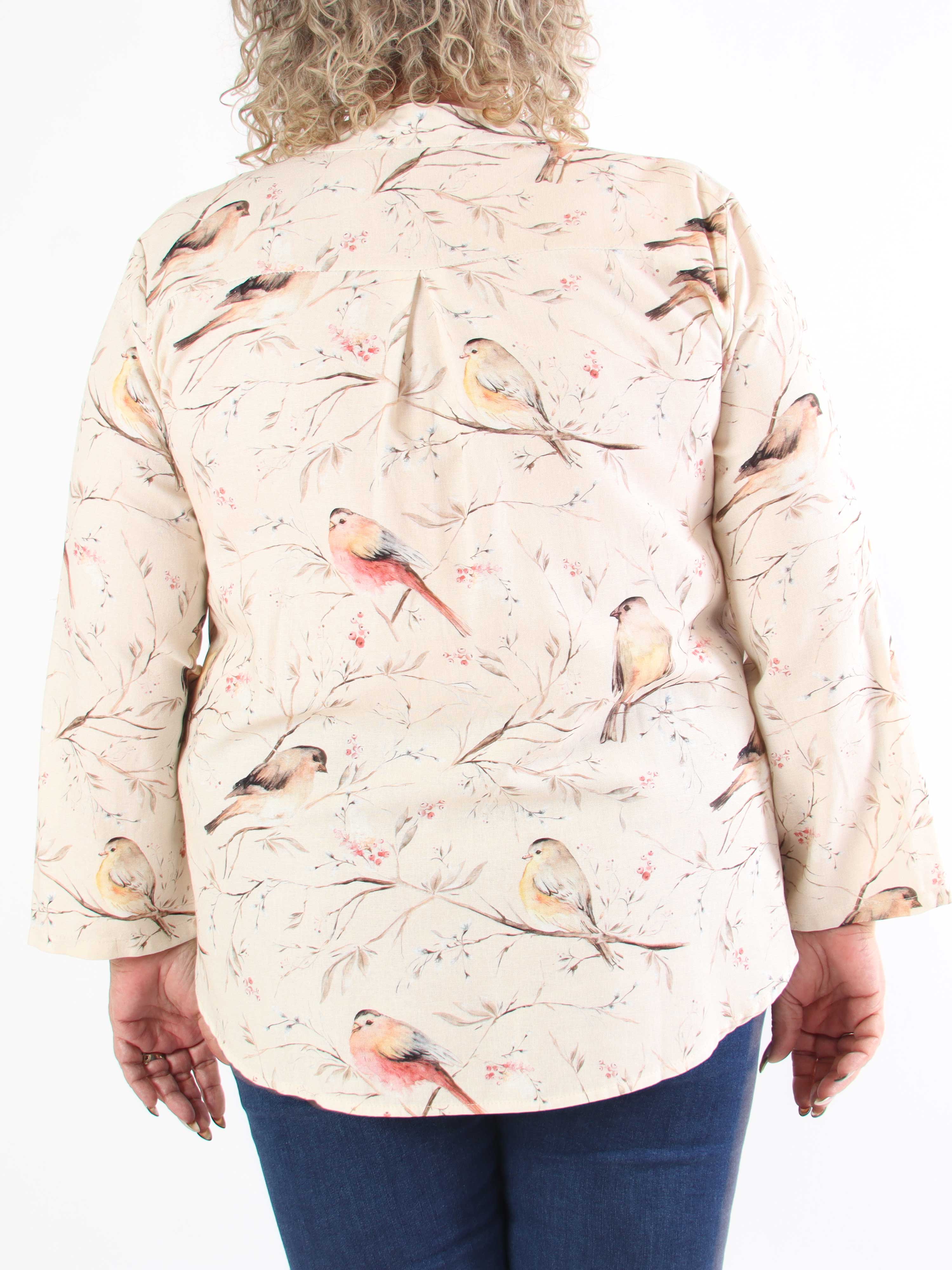 Carmen - Plus size skjorta med fåglar av linne och bomull