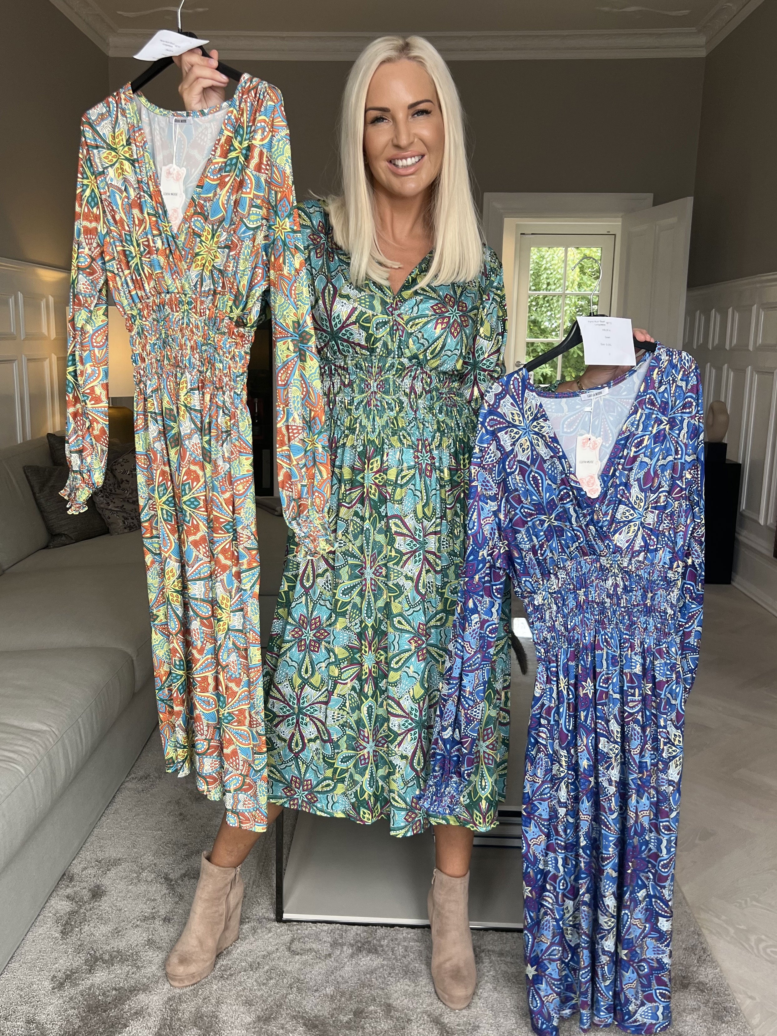 Pams Multi Midi L/S - Elastisk klänning i skrynkelfritt tyg med långa ärmar