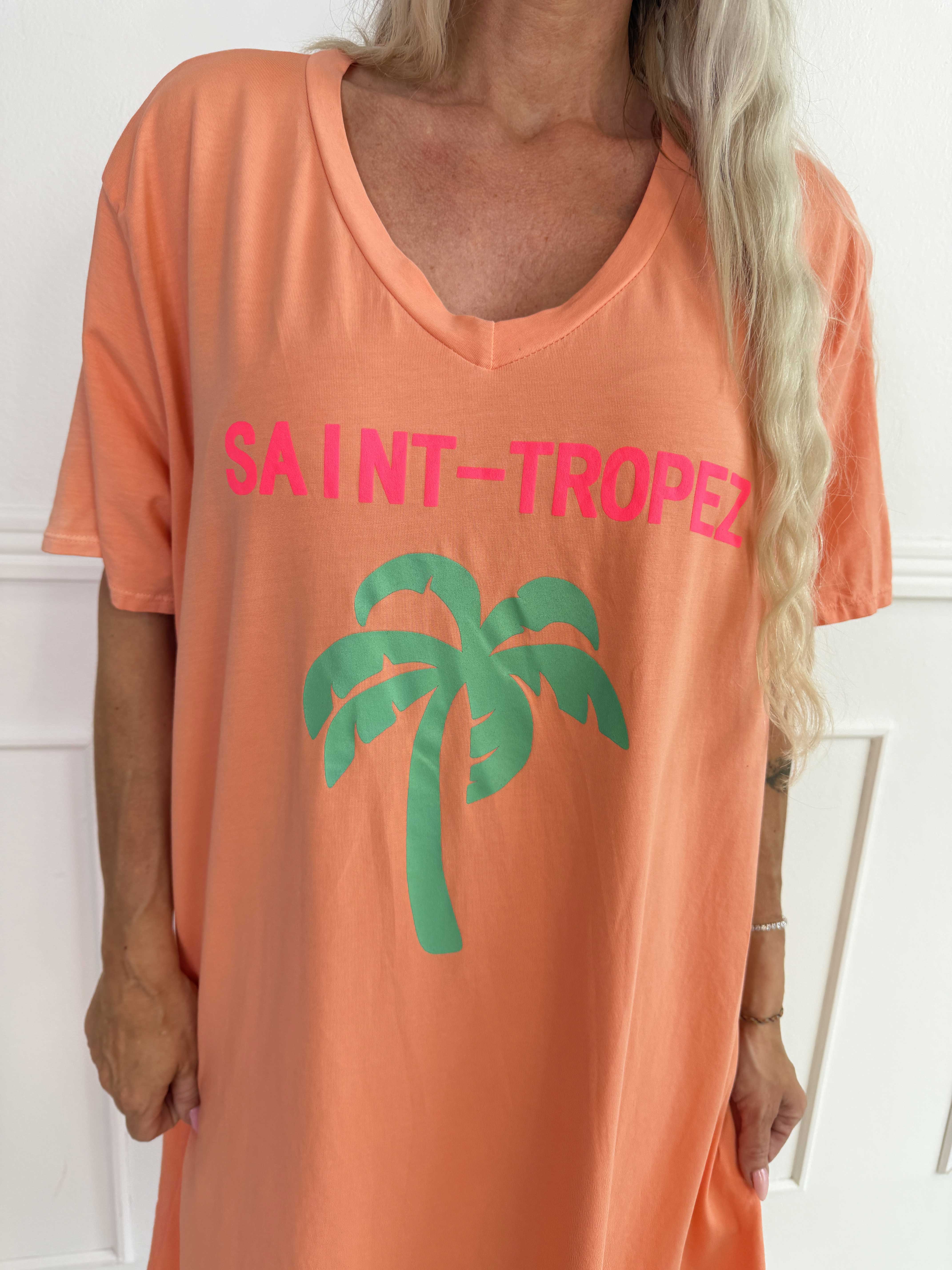 Janina - Blød t-shirtkjole i bomuld med palme på maven