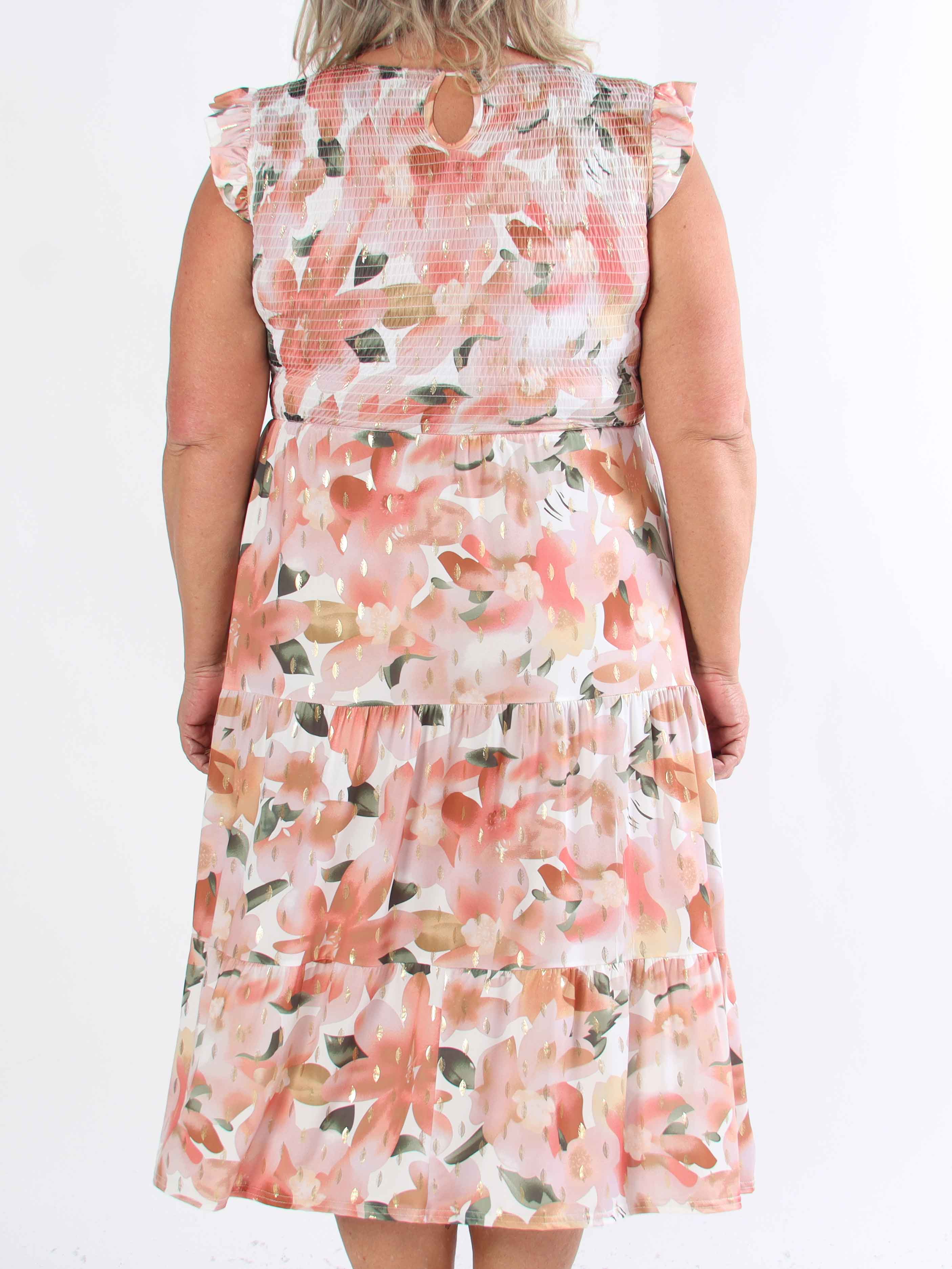 Kelly Floral Sleeveless - Blommig plus size-klänning med smockat bröst