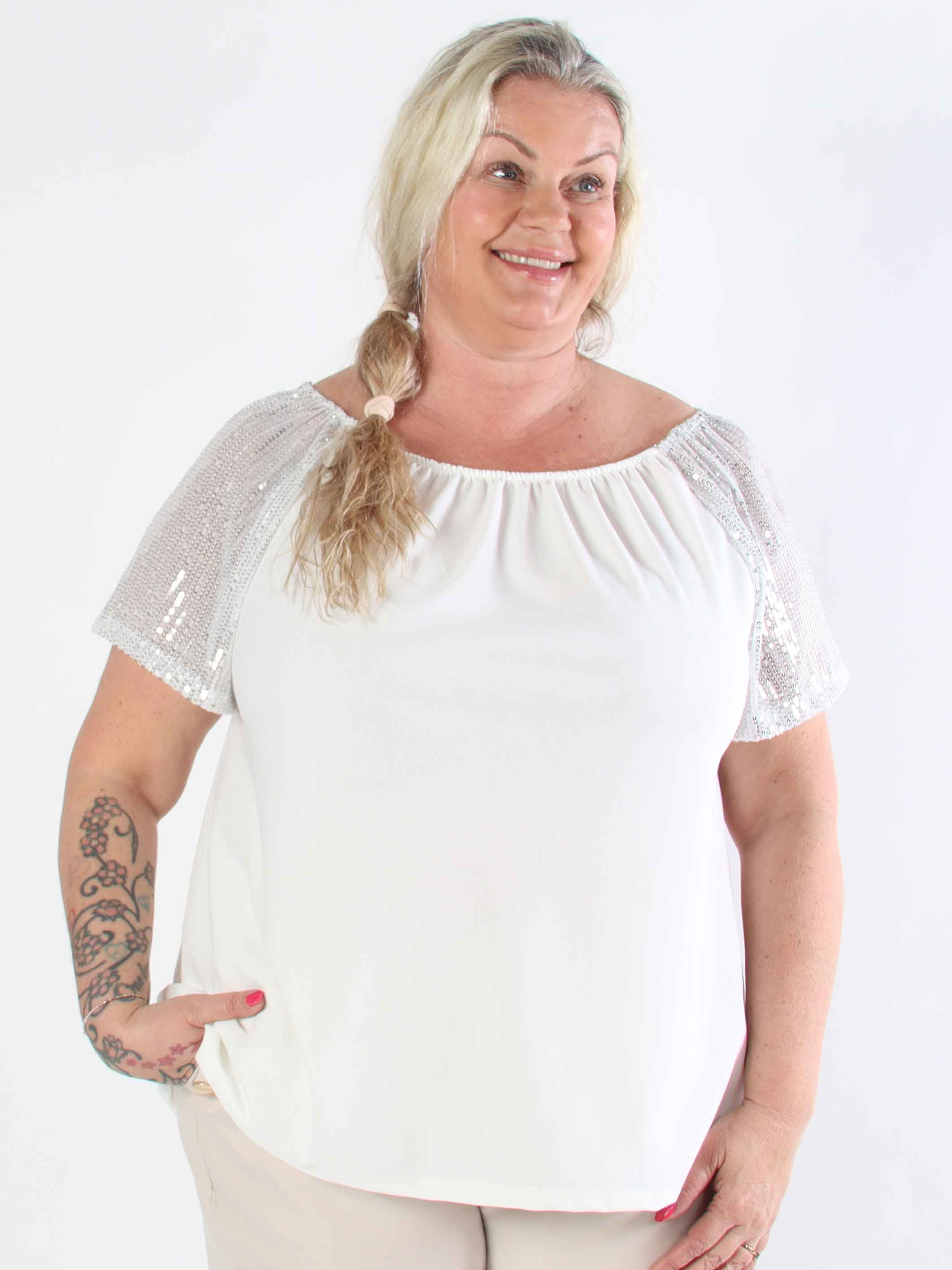 Kim Shirt - Söt plus size elastisk blus med ärmar av glittriga paljetter