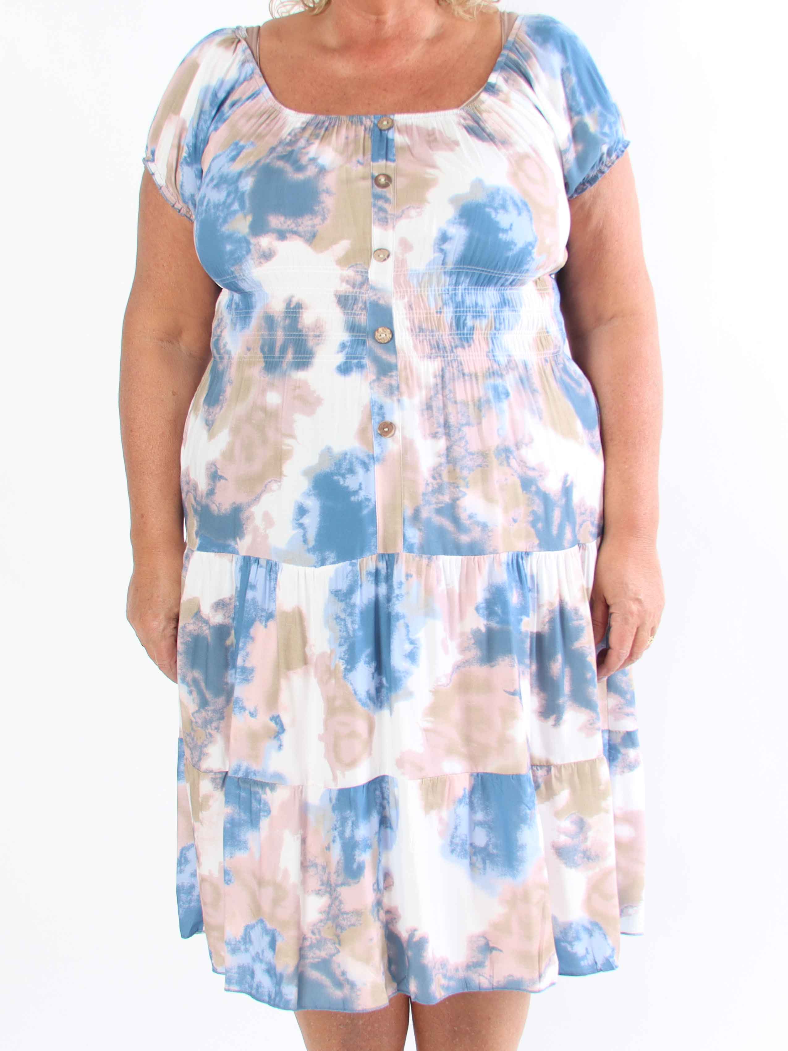 Leah - Mångfärgad plus size-klänning i viskos med puffärmar och fickor