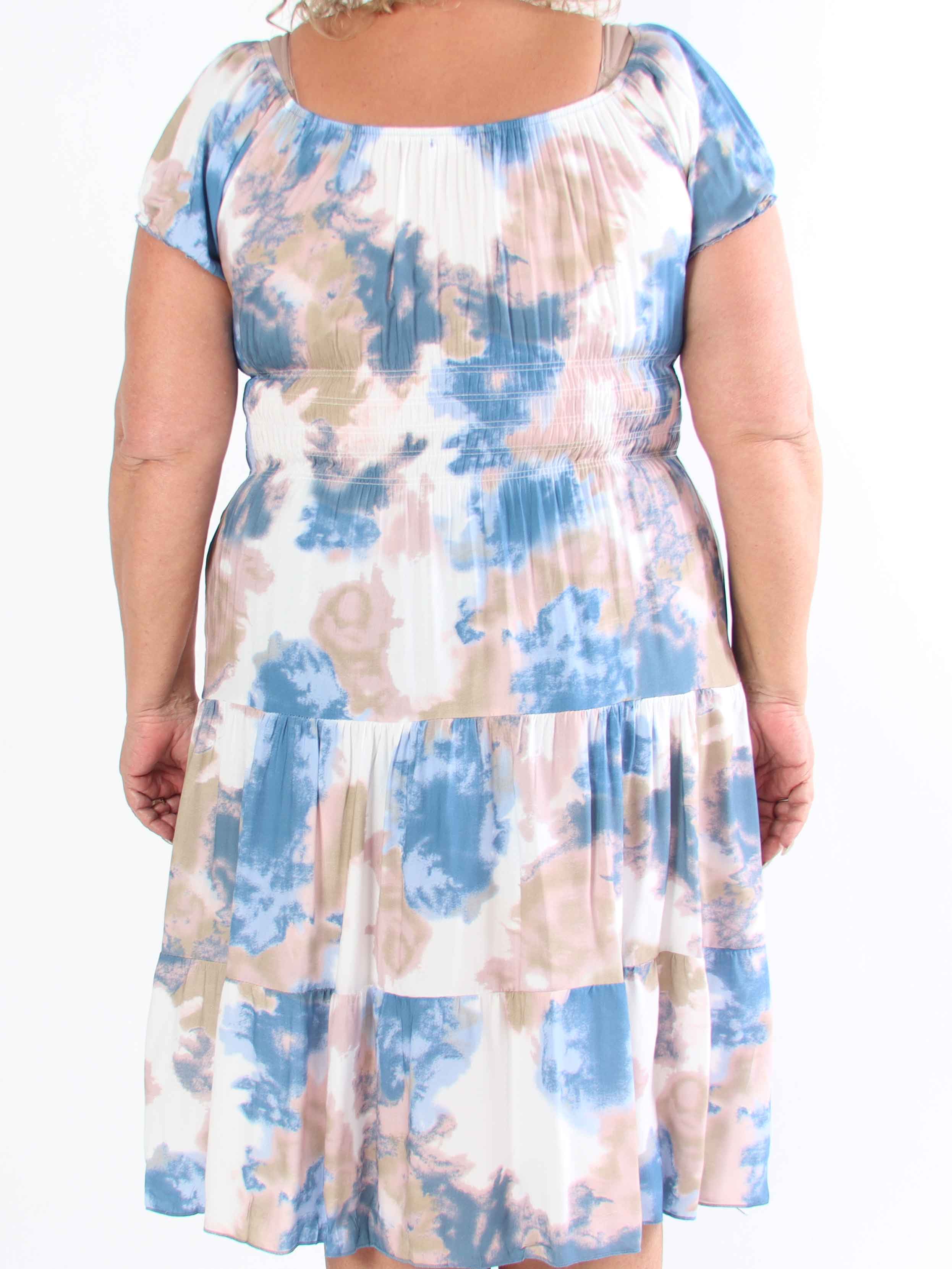 Leah - Mångfärgad plus size-klänning i viskos med puffärmar och fickor