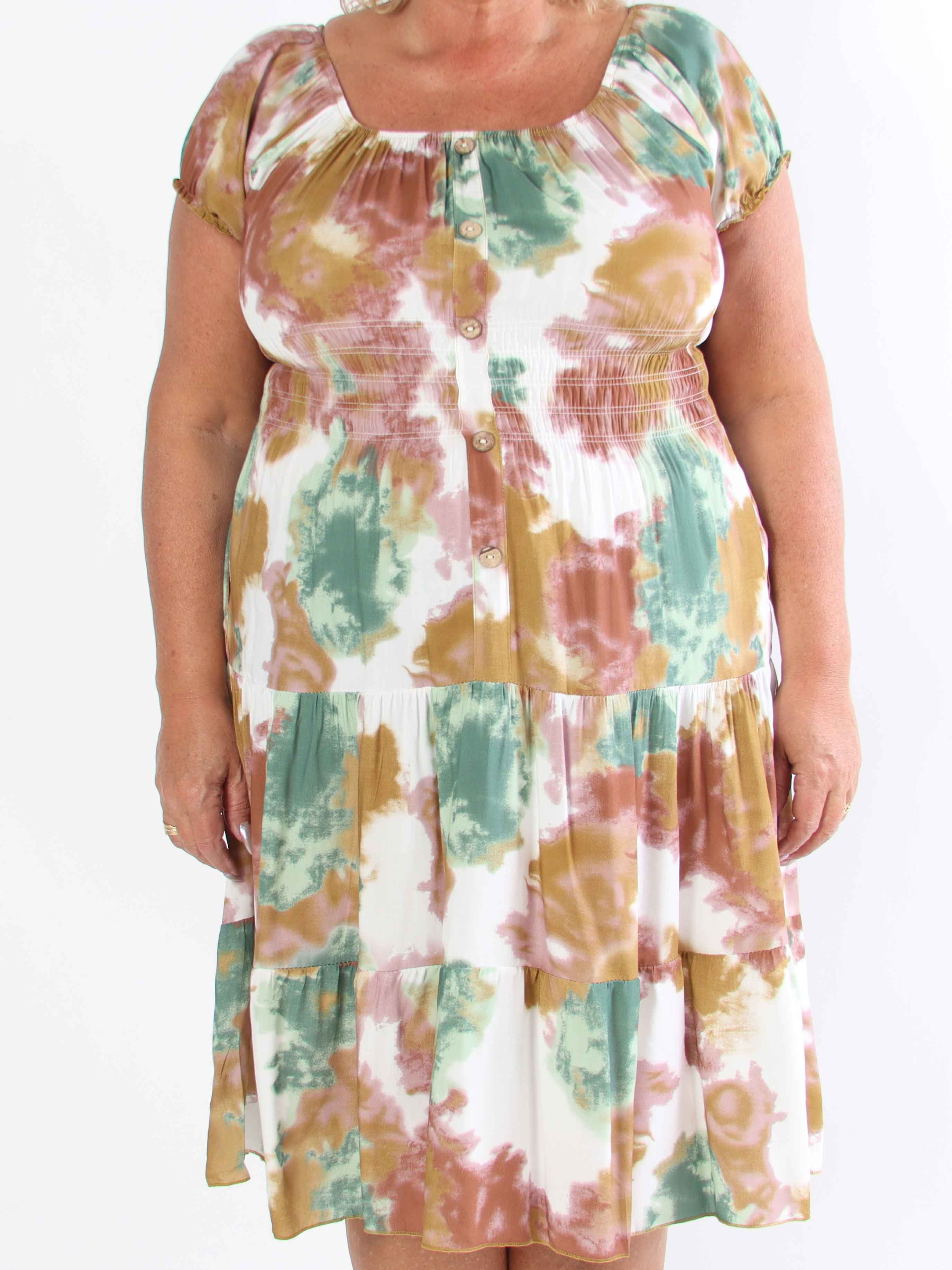 Leah - Mångfärgad plus size-klänning i viskos med puffärmar och fickor