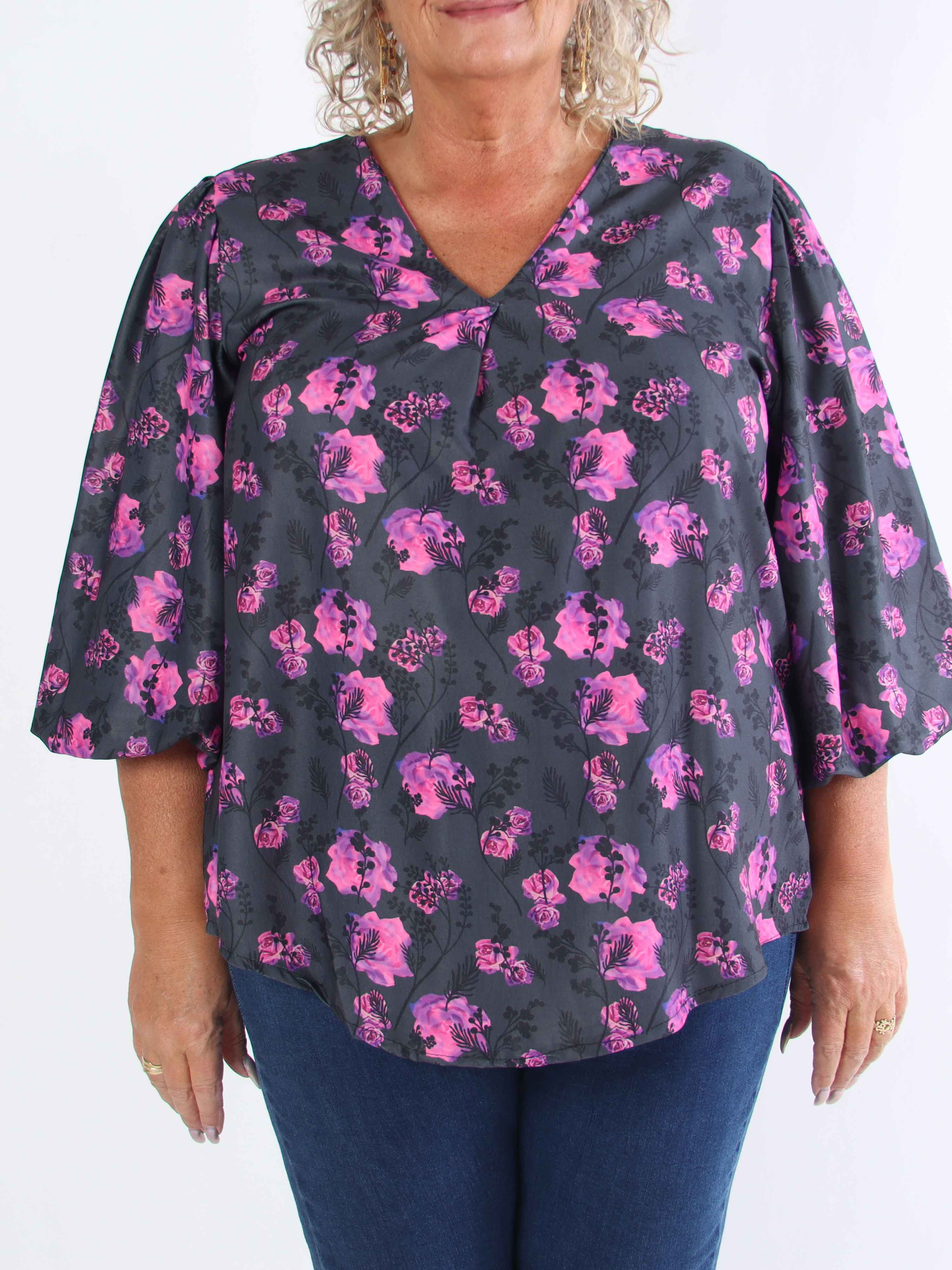 Lenora - Blommig plus size-tunika med puffärmar