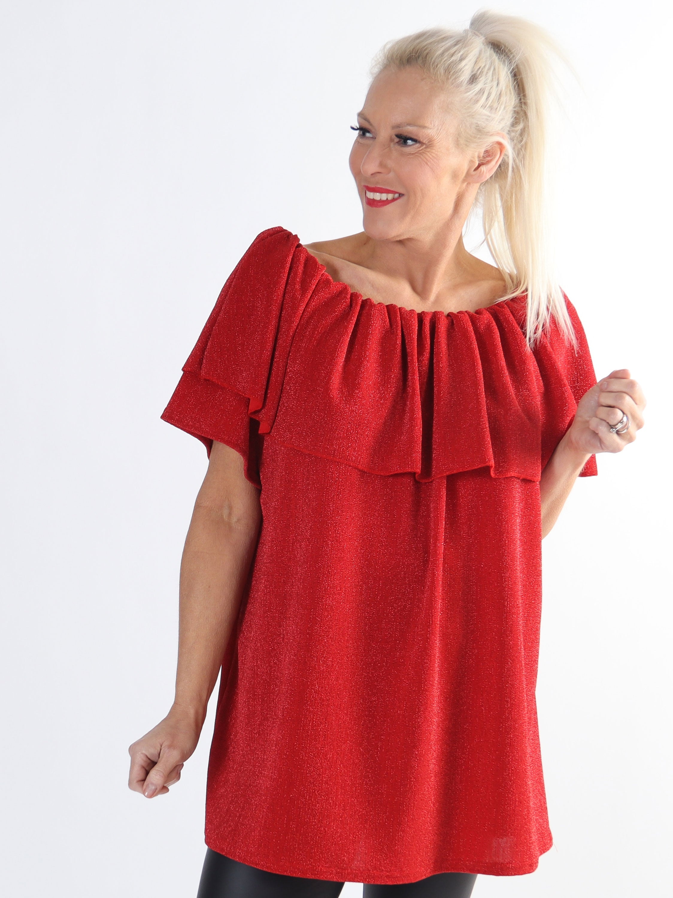 Maily - Off shoulder-blus i plus size med glittertrådar