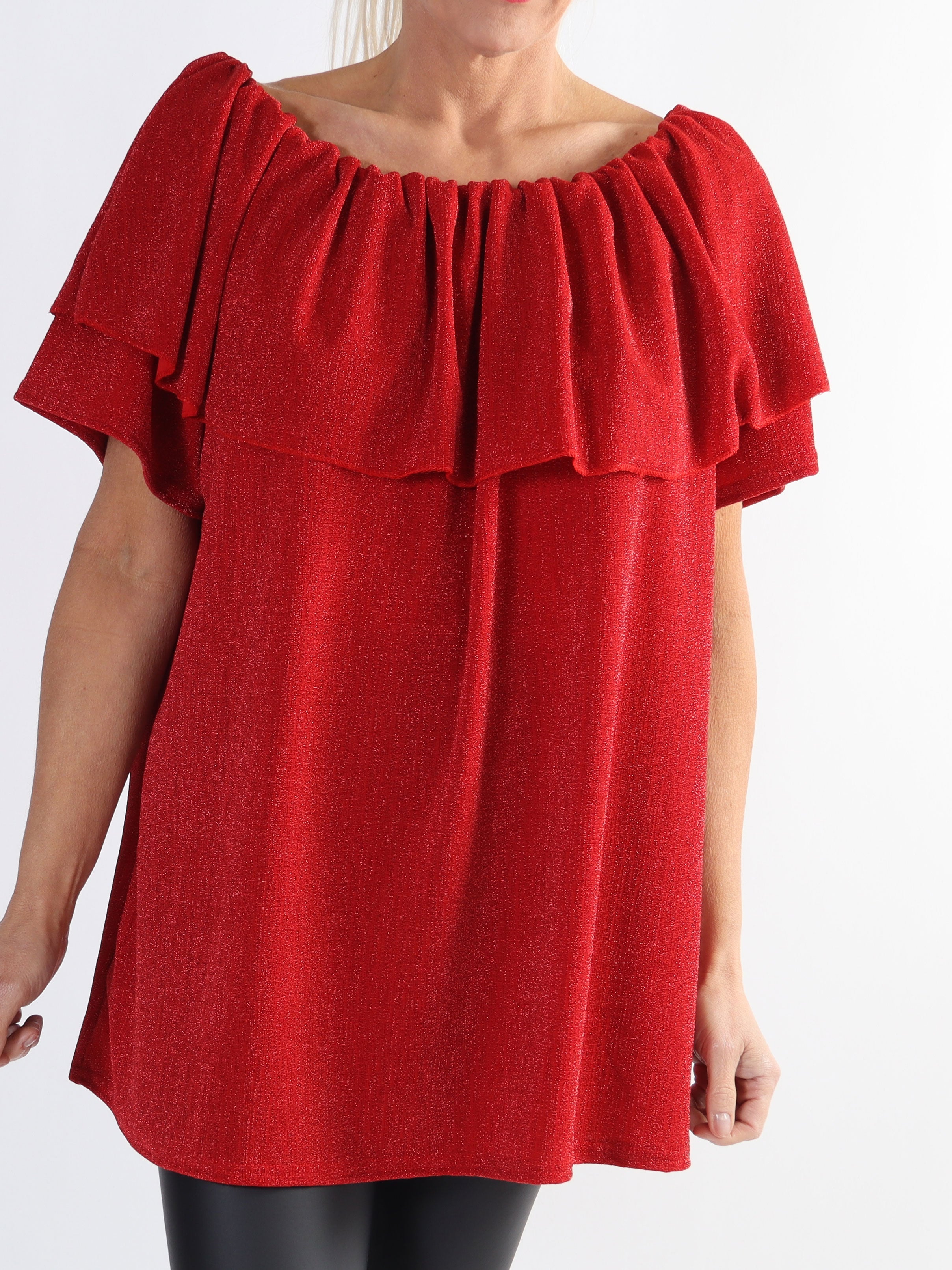 Maily - Off shoulder-blus i plus size med glittertrådar