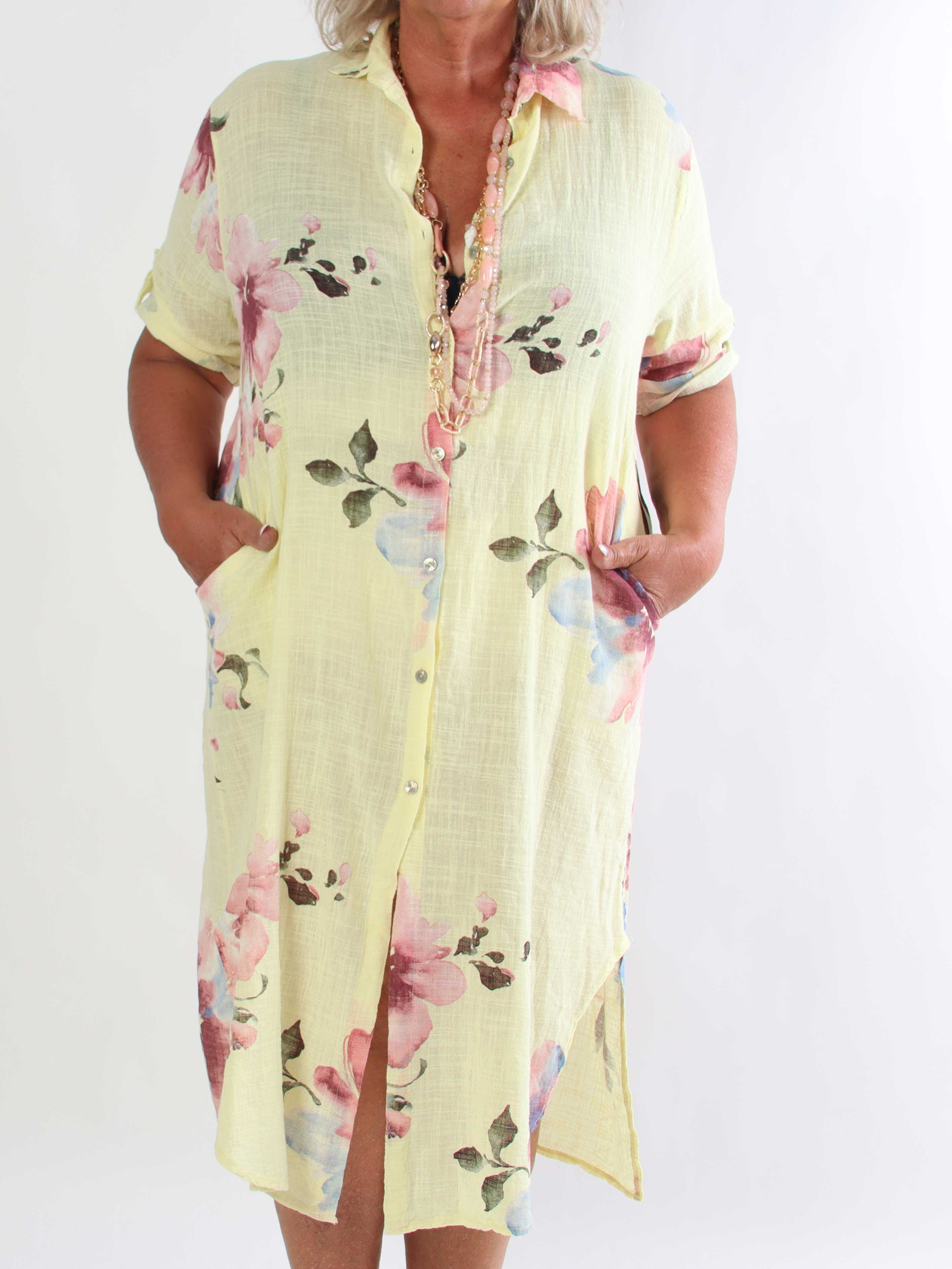 Maissa - Lang plus size skjortekjole i bomuld med blomsterprint