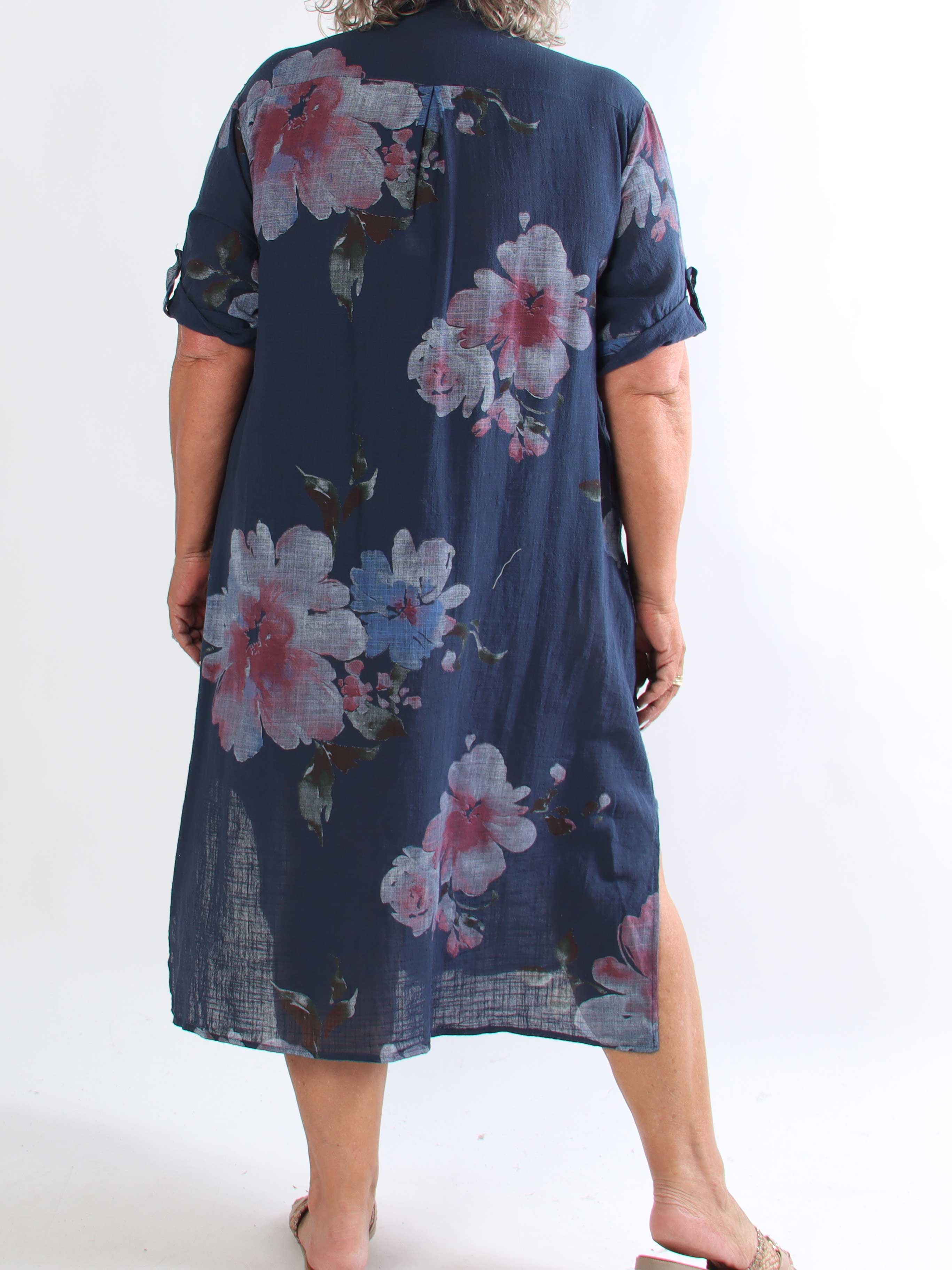 Maissa - Lang plus size skjortekjole i bomuld med blomsterprint