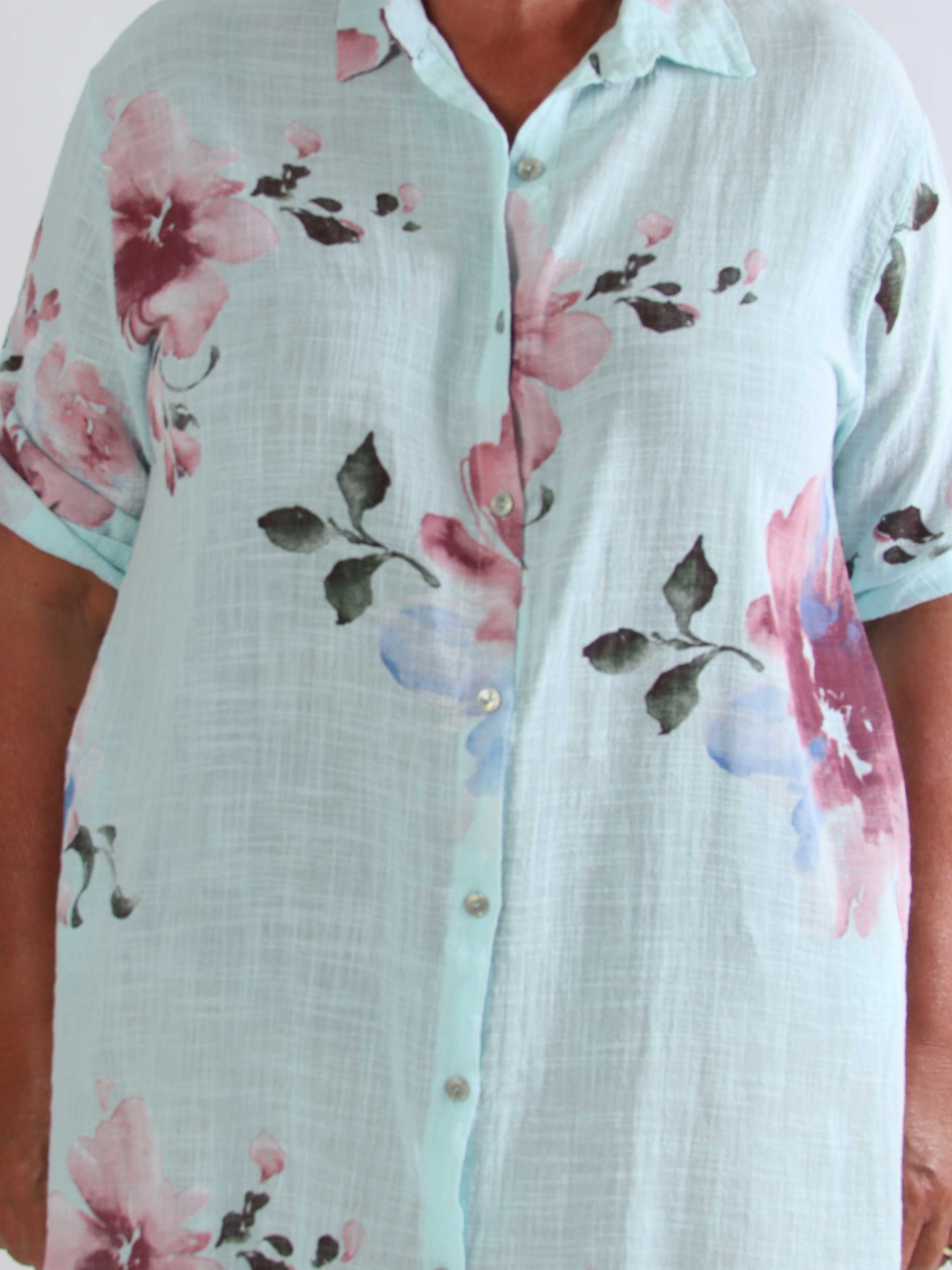 Maissa - Lang plus size skjortekjole i bomuld med blomsterprint