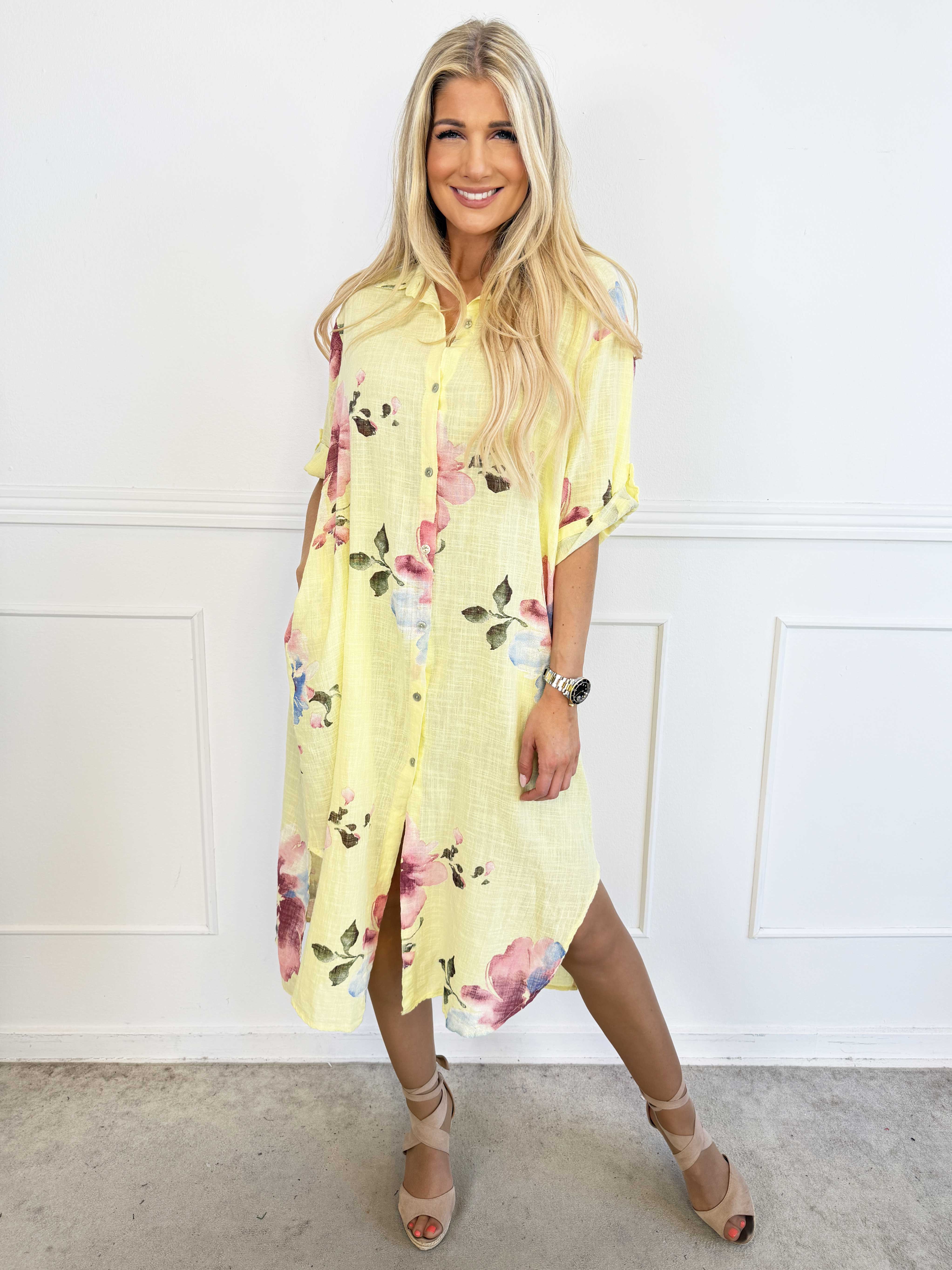 Maissa - Lang skjortekjole i bomuld med blomsterprint
