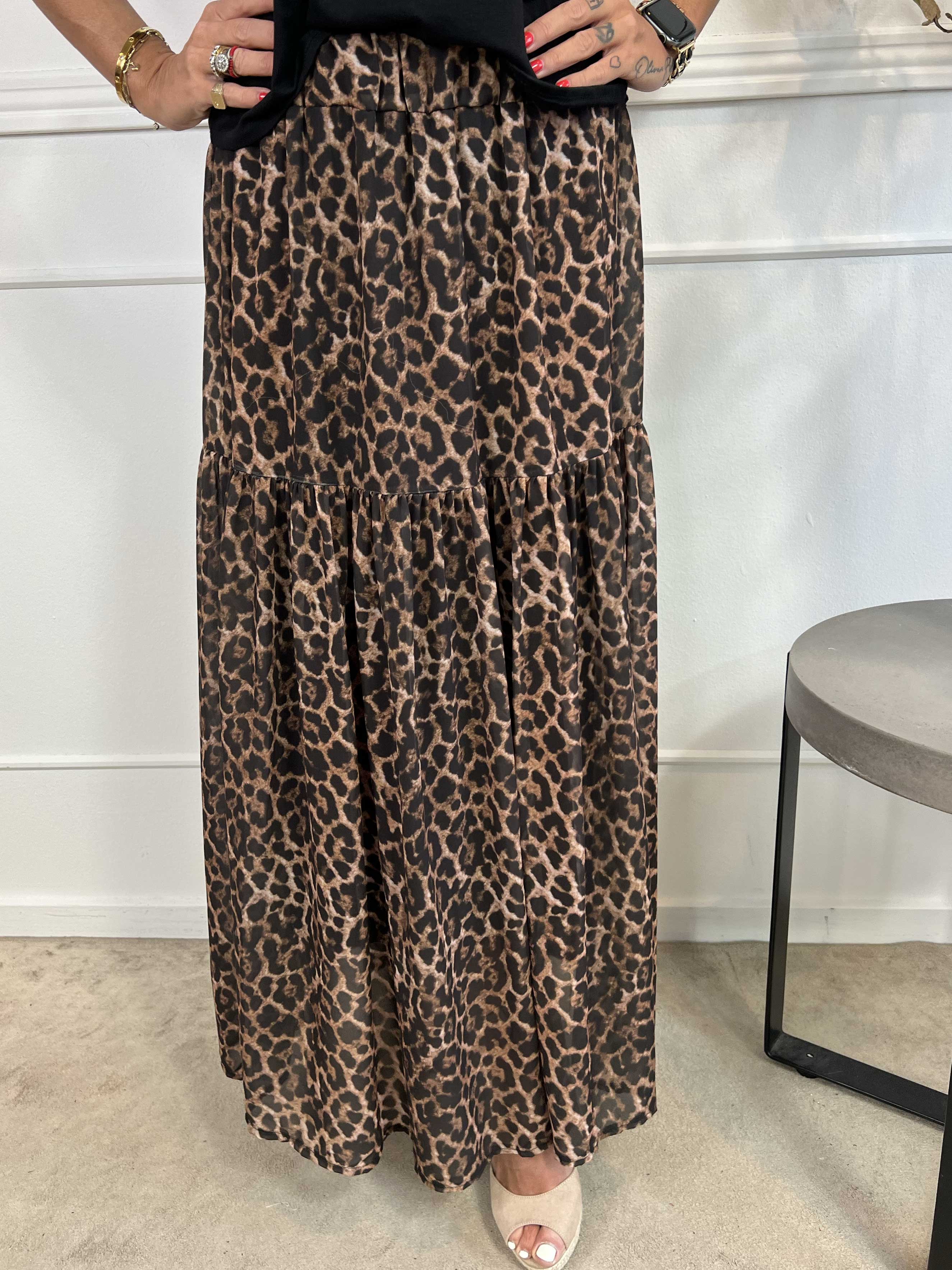 Malou - Kjol i fin chiffong med leopardmönster