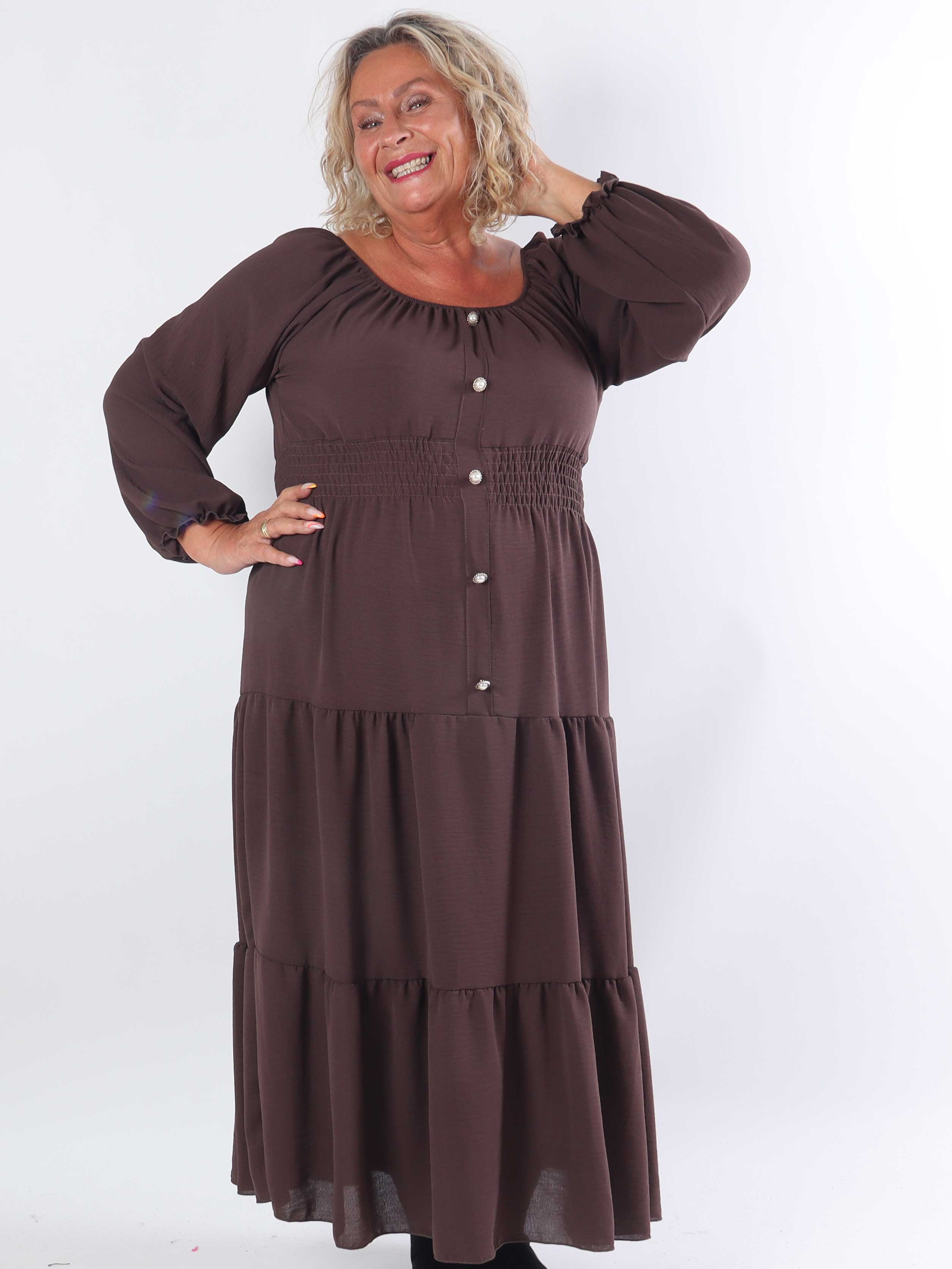Midnight - Plus size-klänning med smockad midja och guldknappar