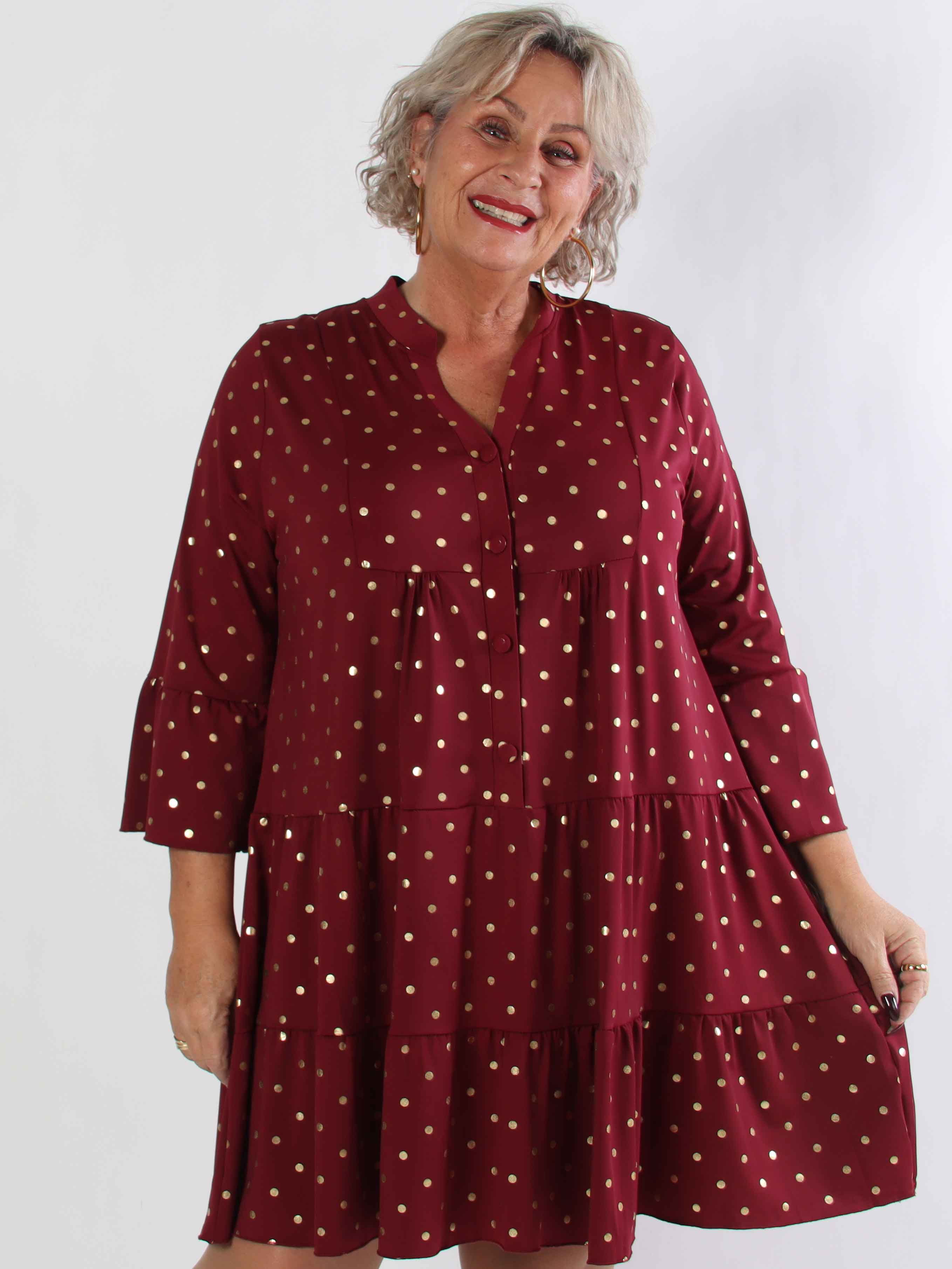 Milania Dot - Elastisk plus size klänning med guldprickar och volanglager