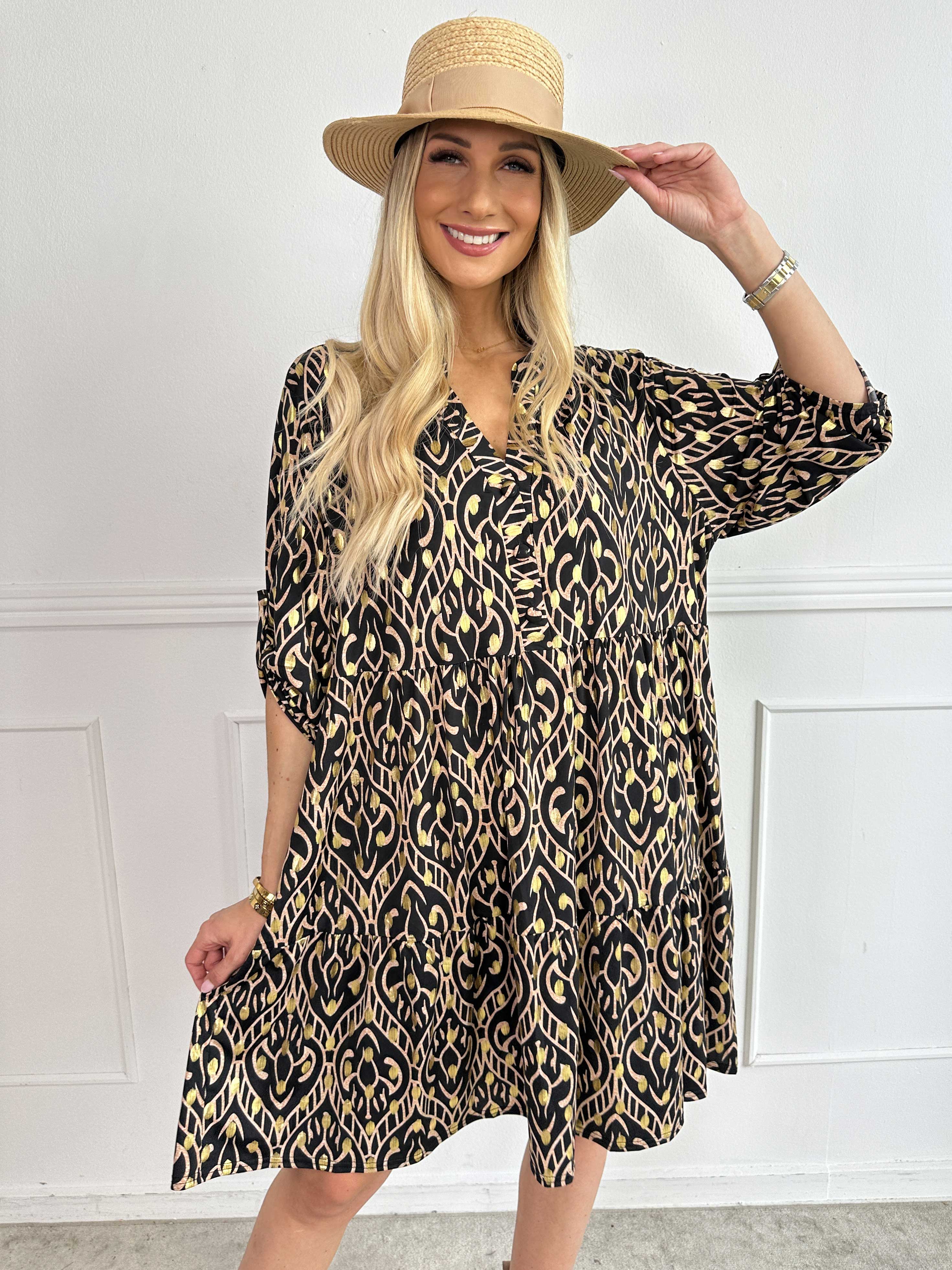 Milano Boho Midi - Mönstrad klänning med guldfärgade prickar och lager-på-lager-look