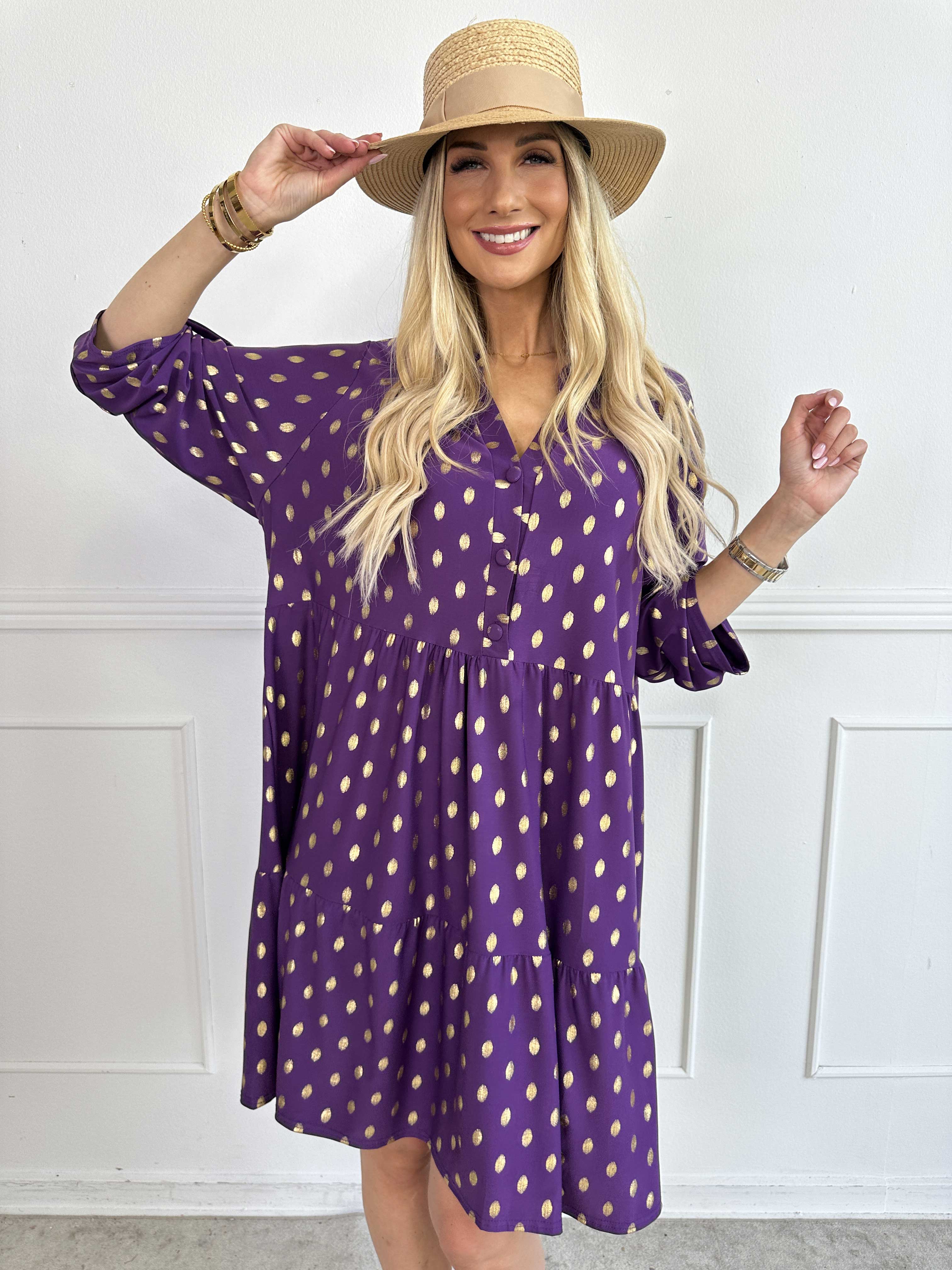 Milano Gold Midi - Elastisk klänning med guldiga prickar och lager på lager look