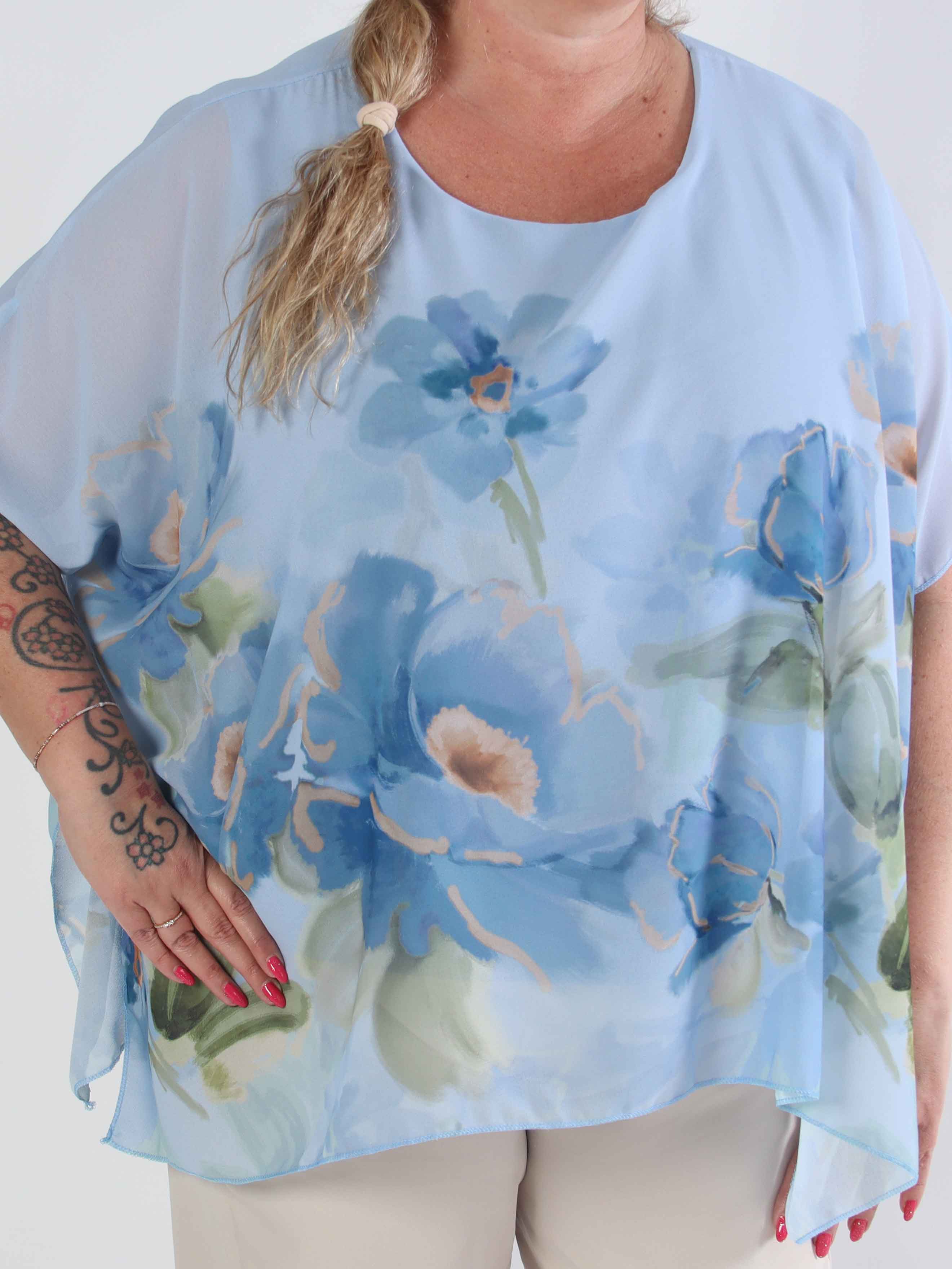 Mirabella Shirt - Plus size-tunika med löst chiffonglager med blommiga motiv