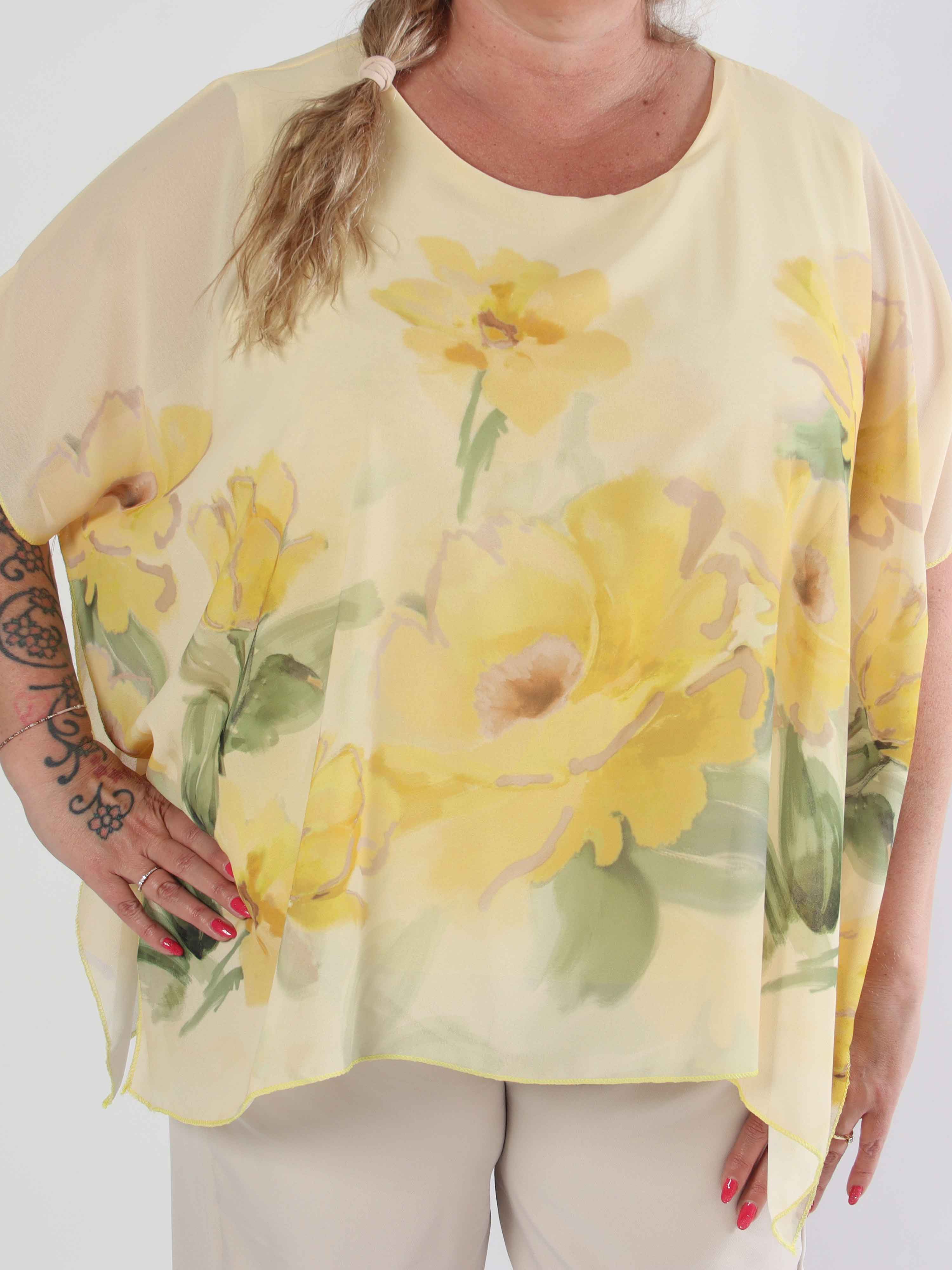 Mirabella Shirt - Plus size-tunika med löst chiffonglager med blommiga motiv