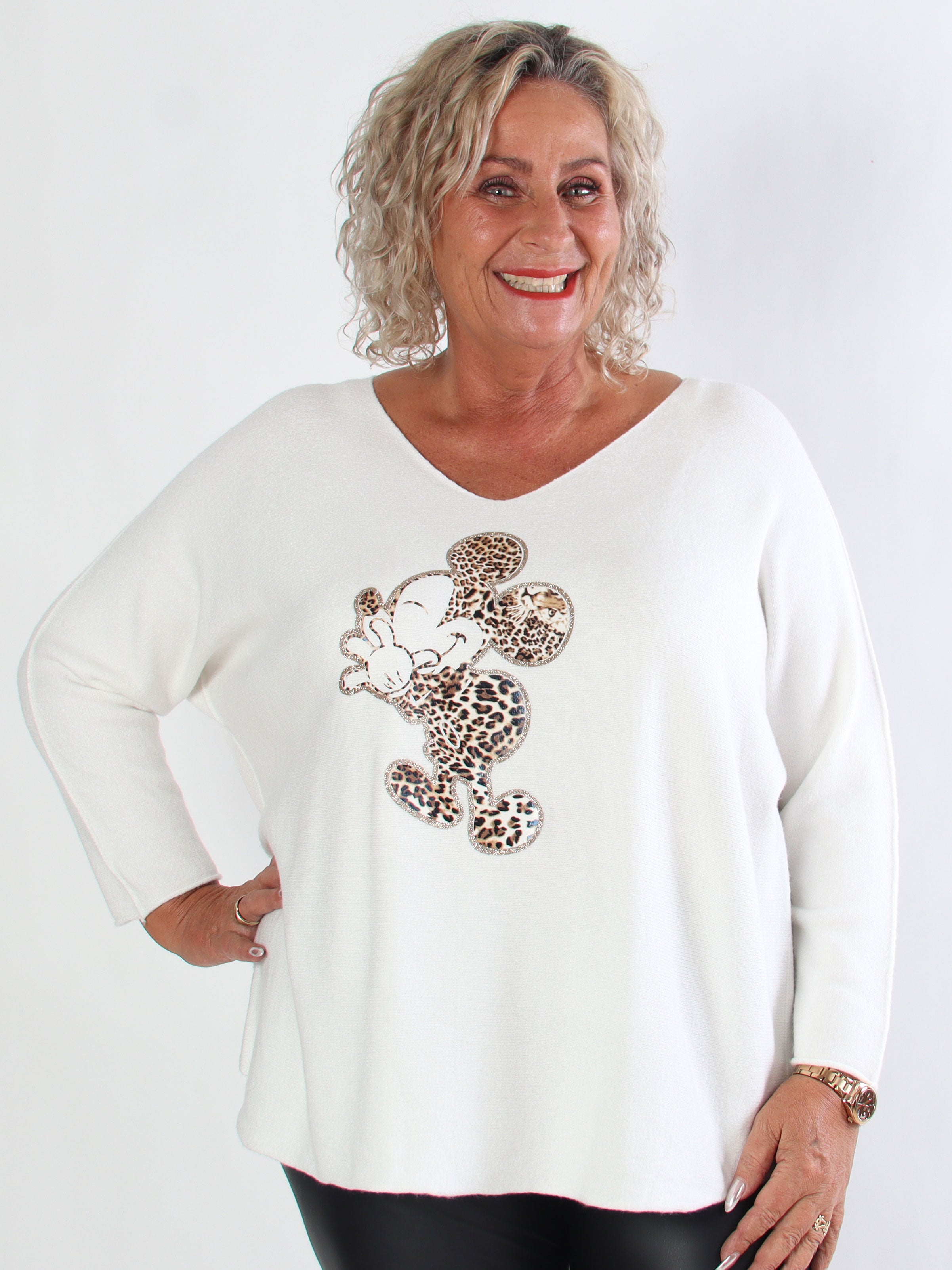 Mouse - Mjuk plus size tröja med mickey tryck i leopardmönster