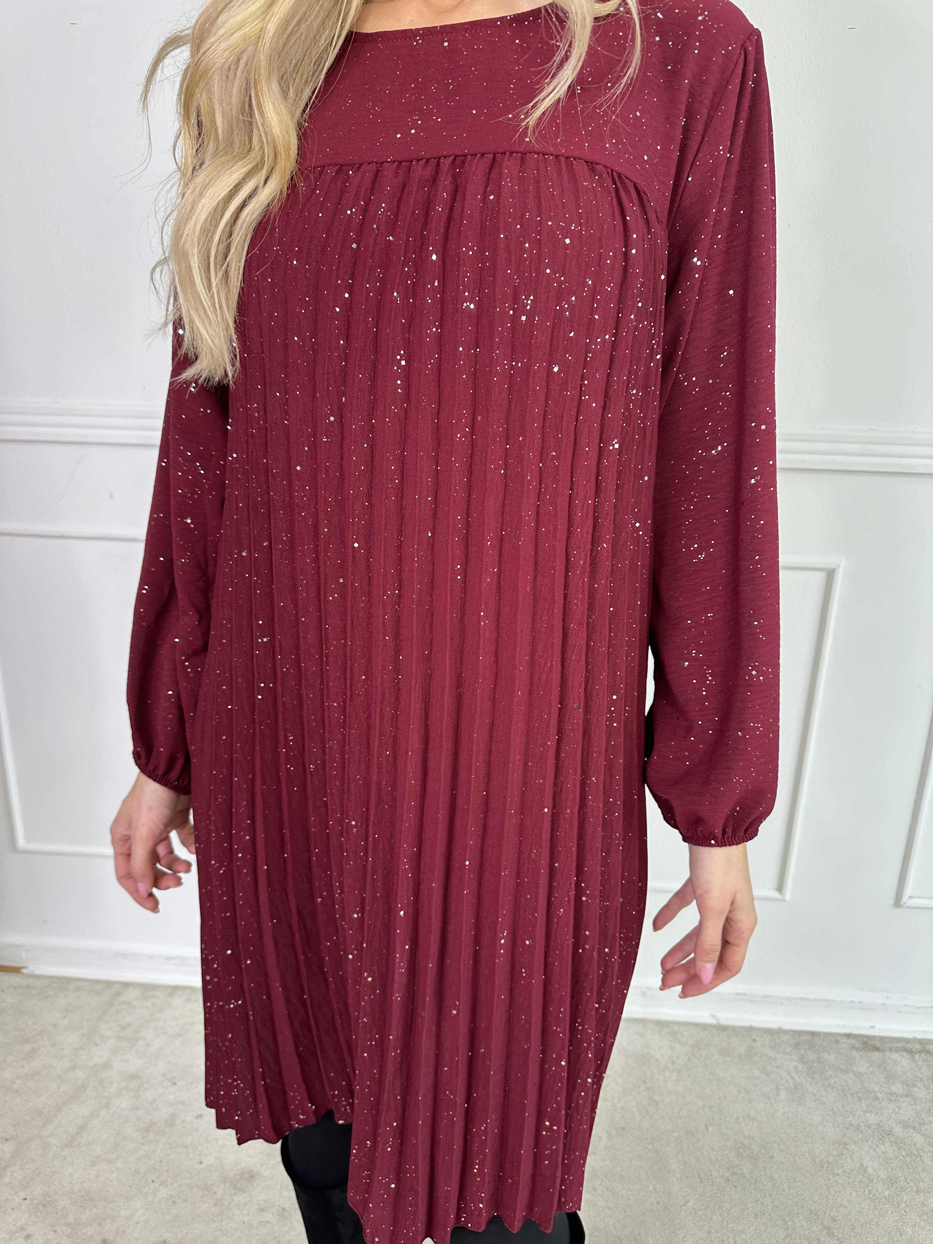Nancy Glitter Short L/S - Plisserad klänning med fickor och glitter