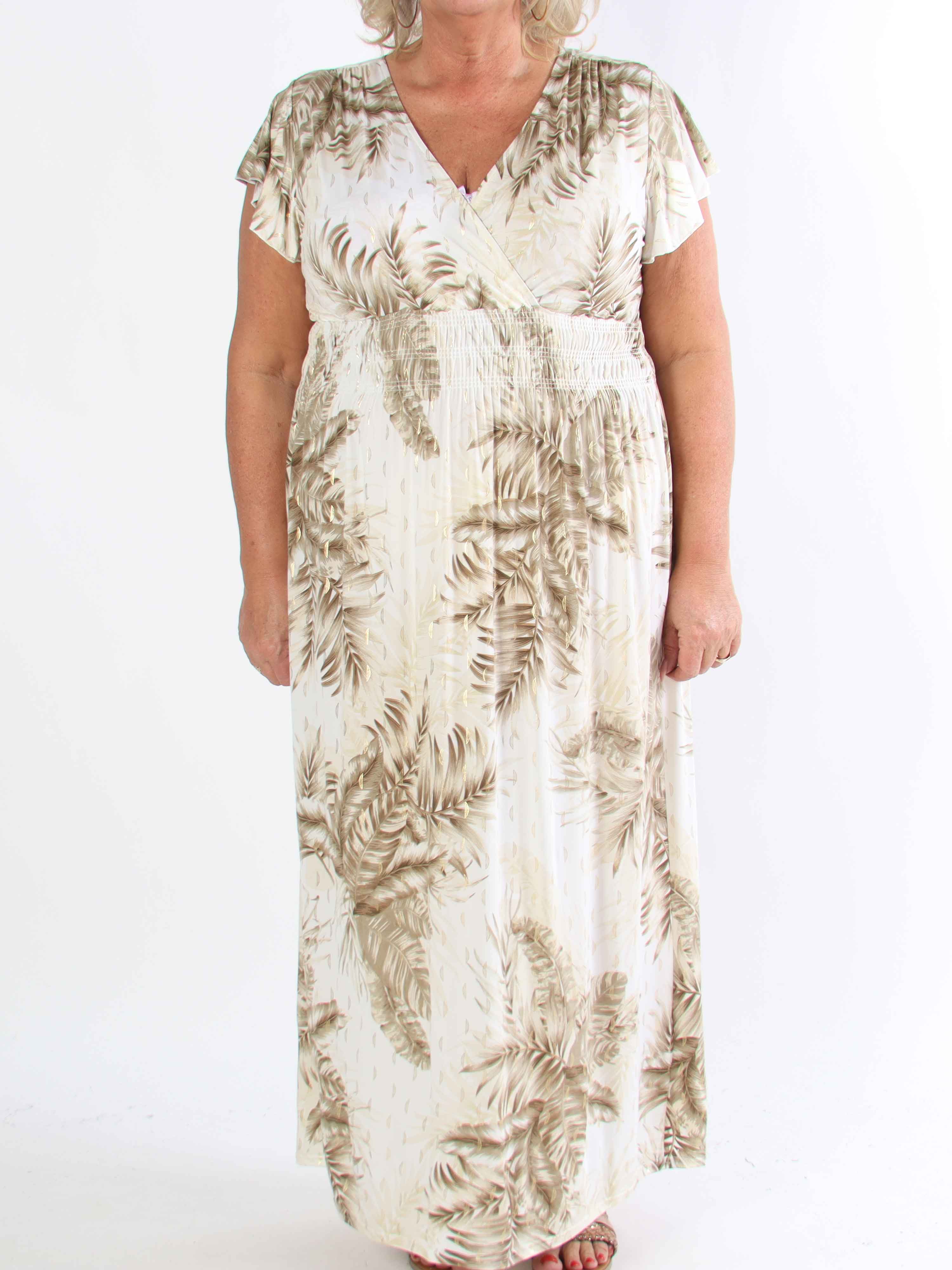 Palma - Elastisk klänning i plus size med blad och volangärmar