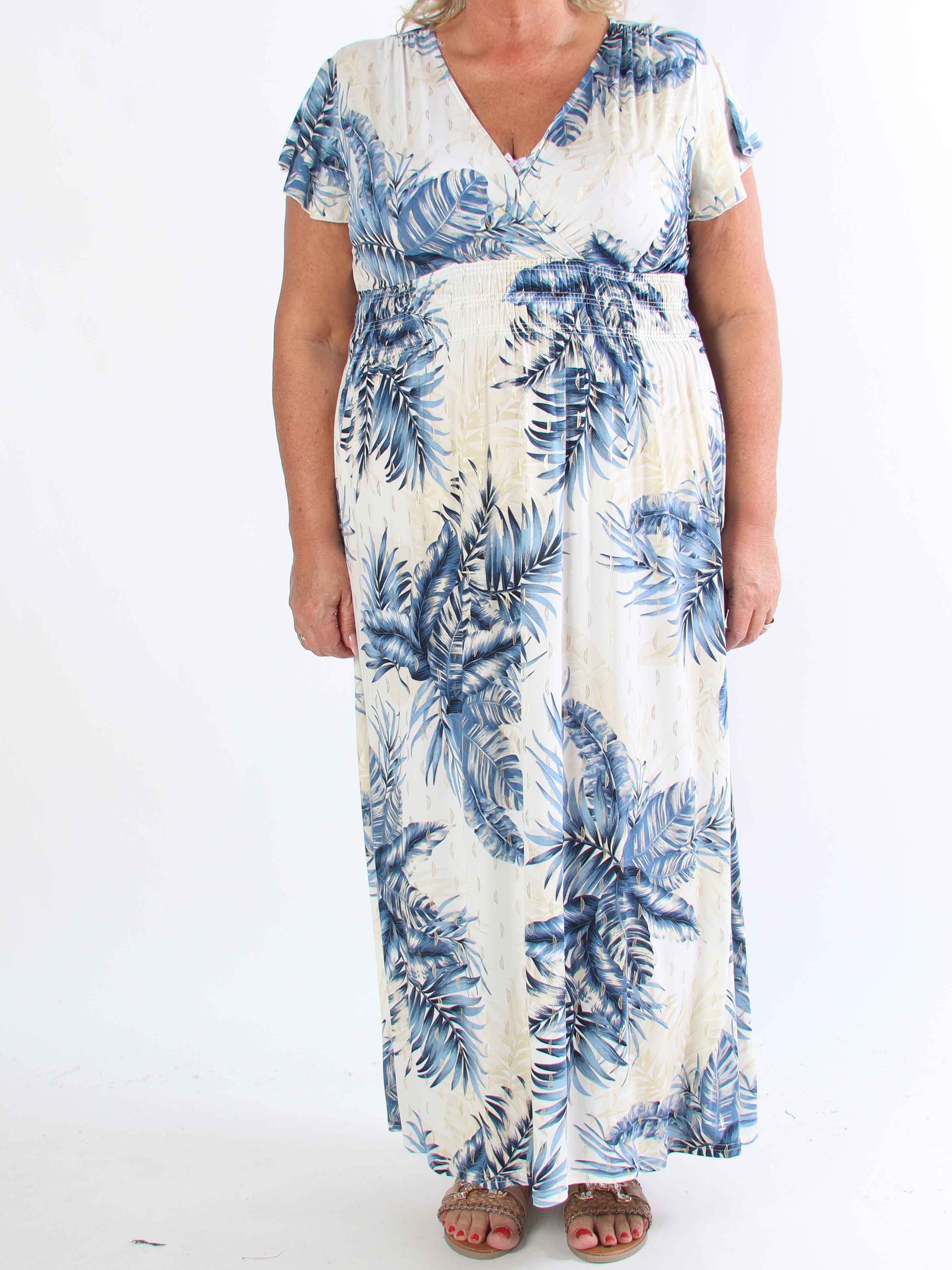 Palma - Elastisk klänning i plus size med blad och volangärmar