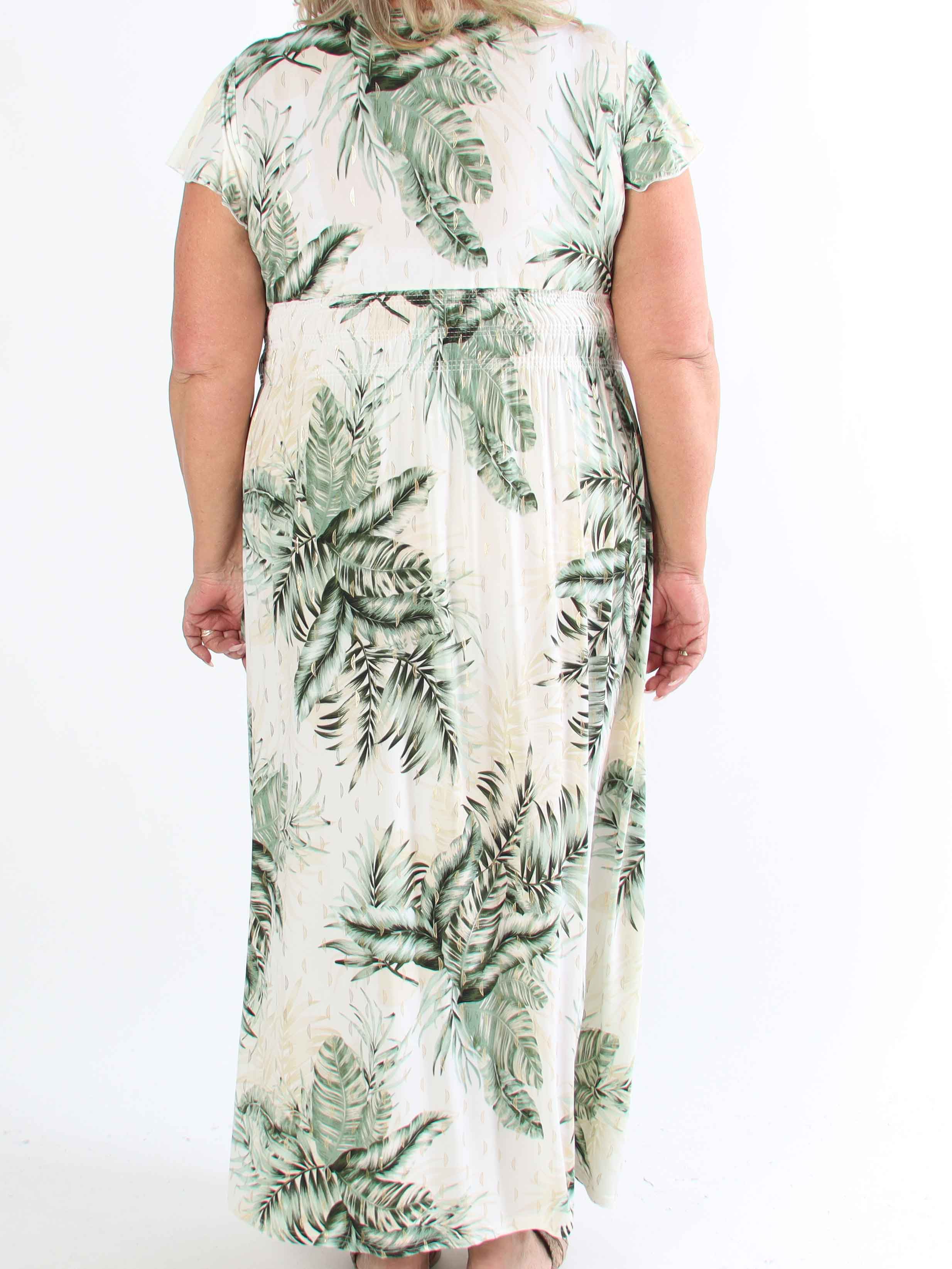 Palma - Elastisk klänning i plus size med blad och volangärmar