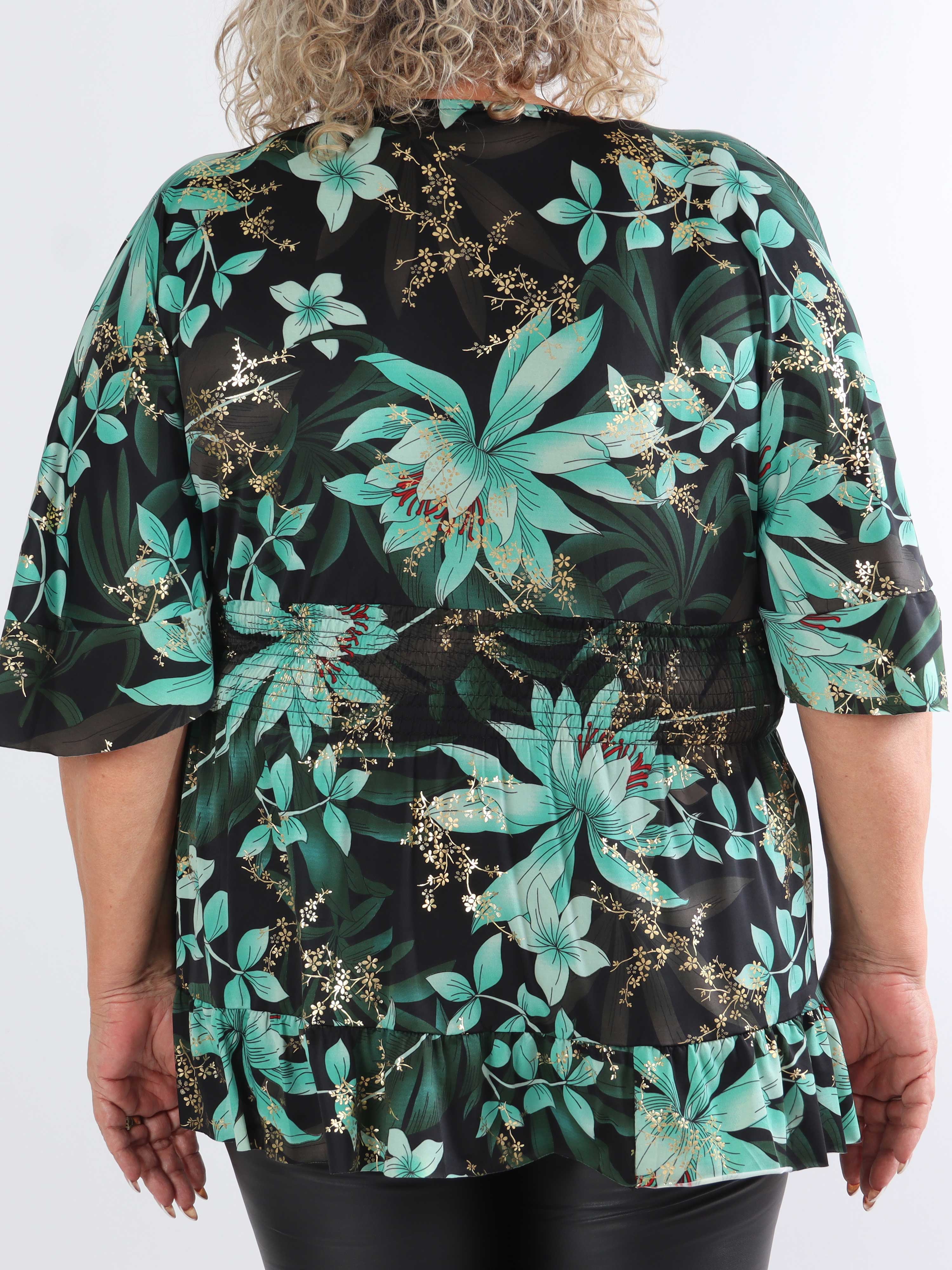 Pamela Gold Flower Shirt - Söt tunika i plusstorlek med smock och volanger