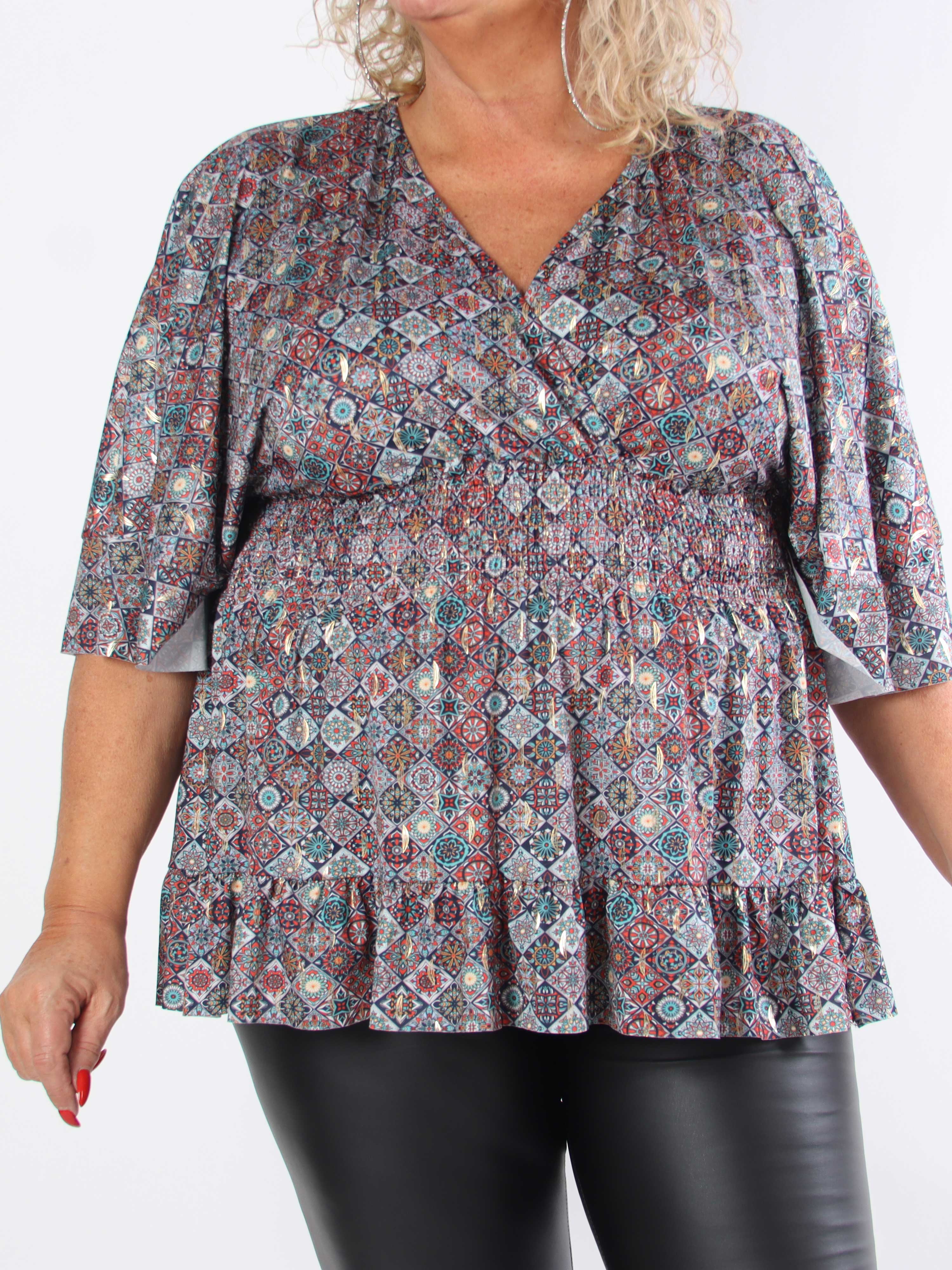 Pamela Mosaic Shirt - Elastisk plus size tunika med smock och volanger