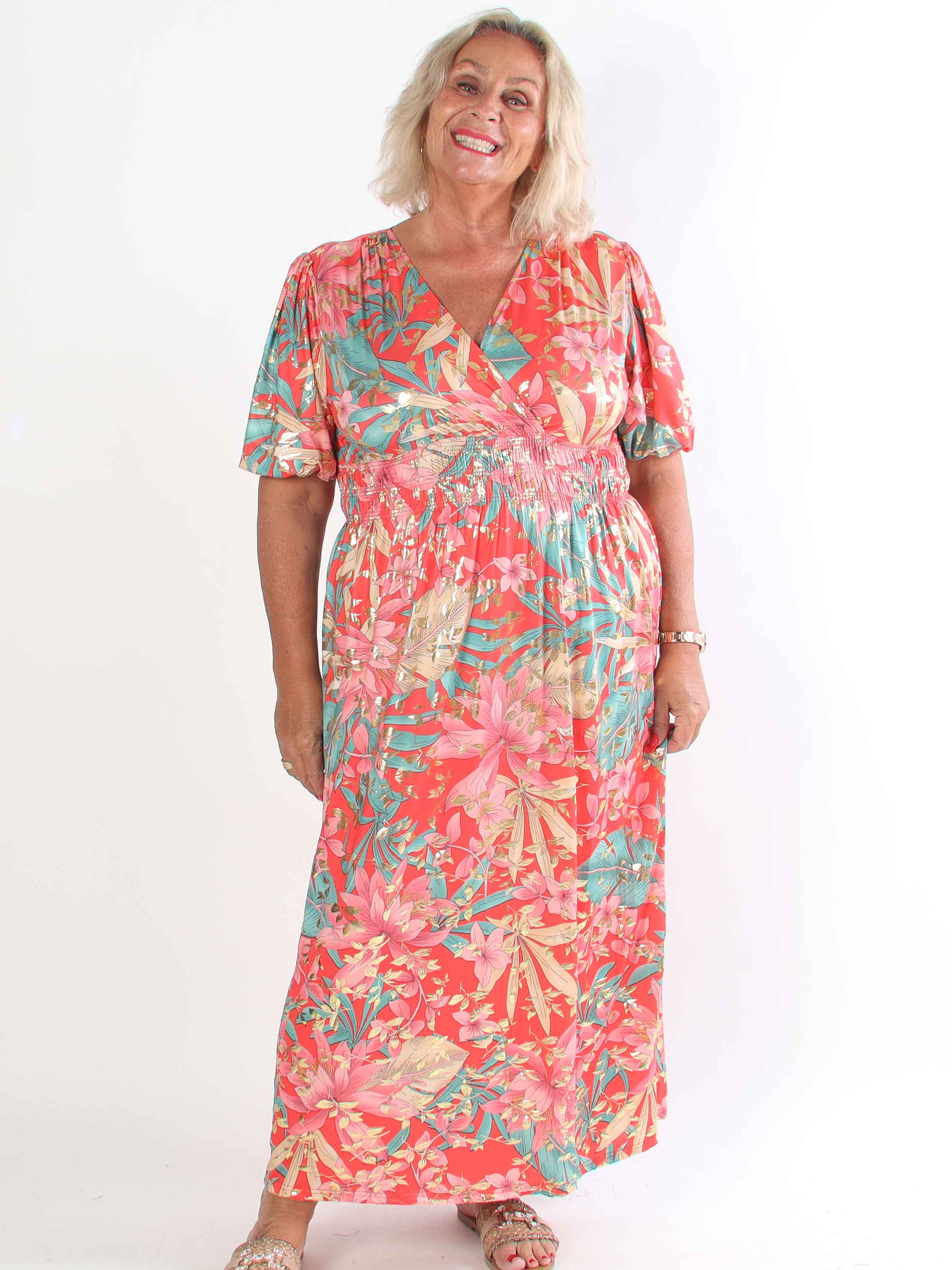 Pamina Leaf - Lång elastisk plus size klänning med bladmotiv