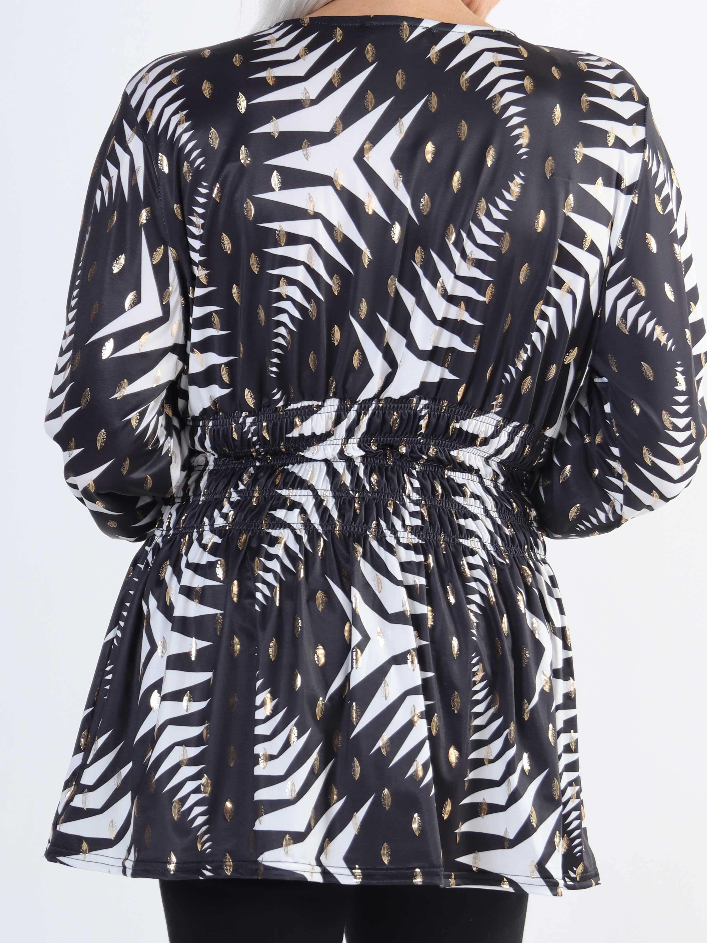 Pams Pattern Shirt L/S - Elastisk plus size blus i skrynkelfritt tyg