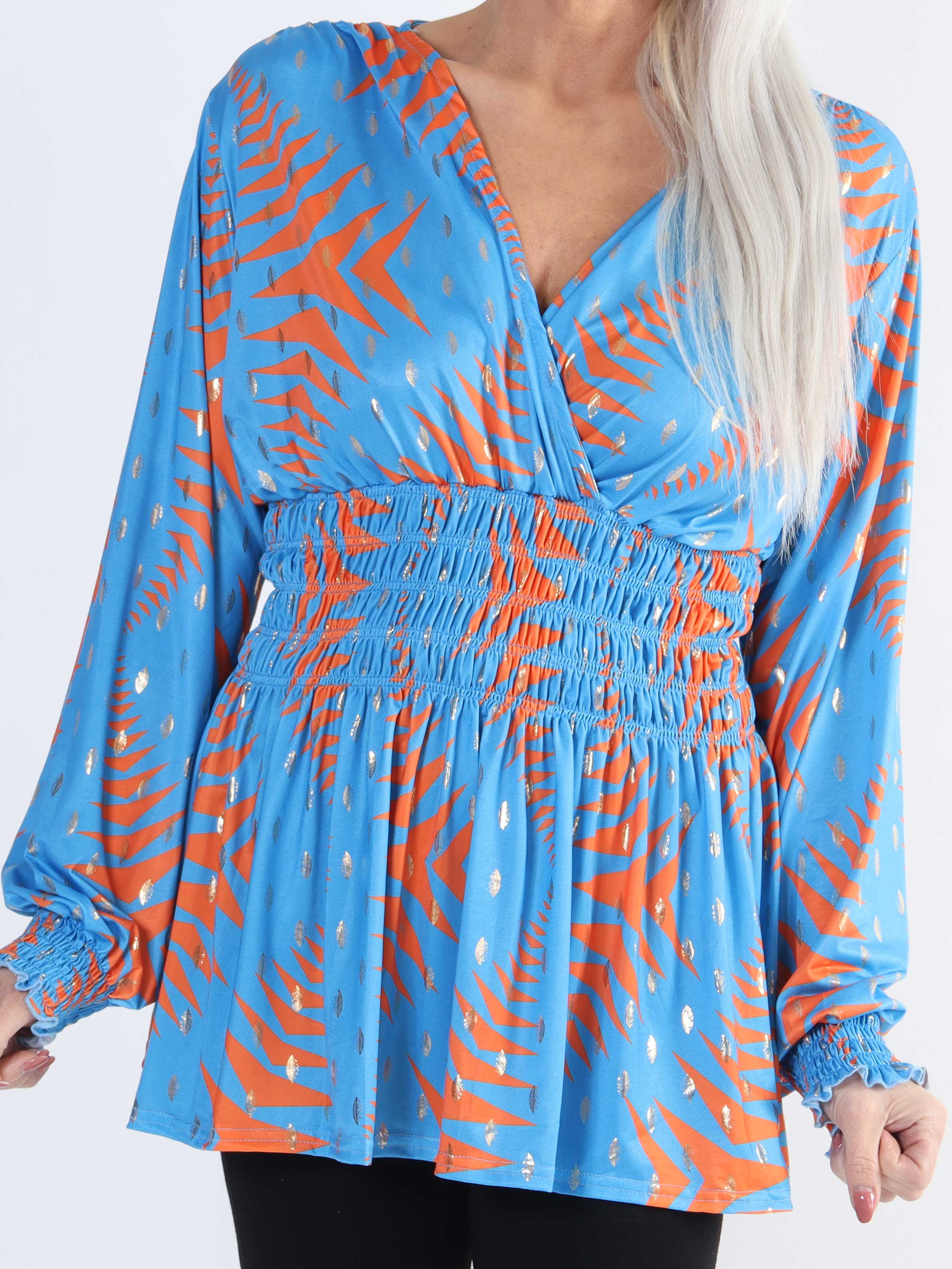 Pams Pattern Shirt L/S - Elastisk plus size blus i skrynkelfritt tyg
