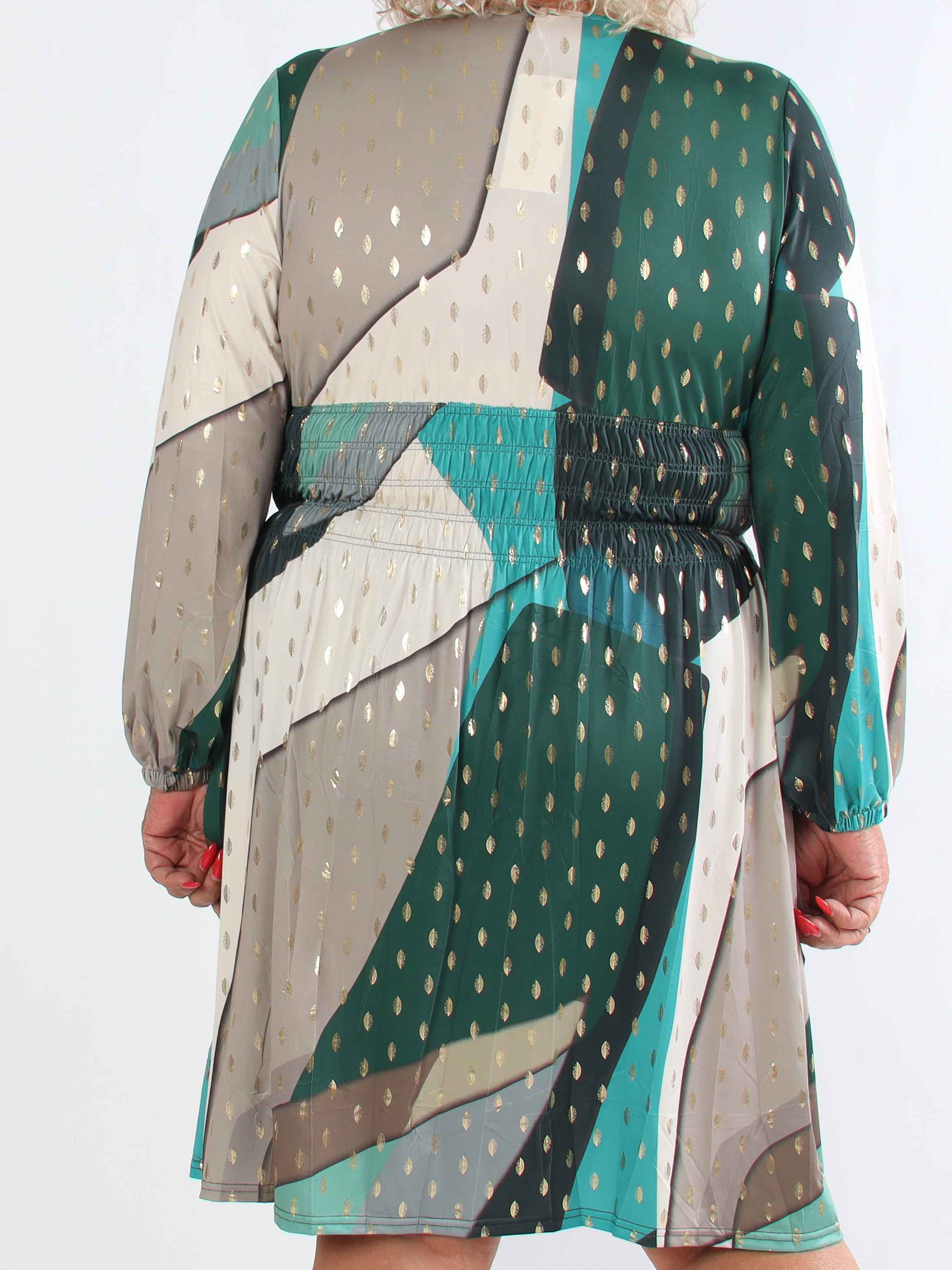 Pams Abstract Short L/S - Elastisk flerfärgad plus size klänning med gulddetaljer