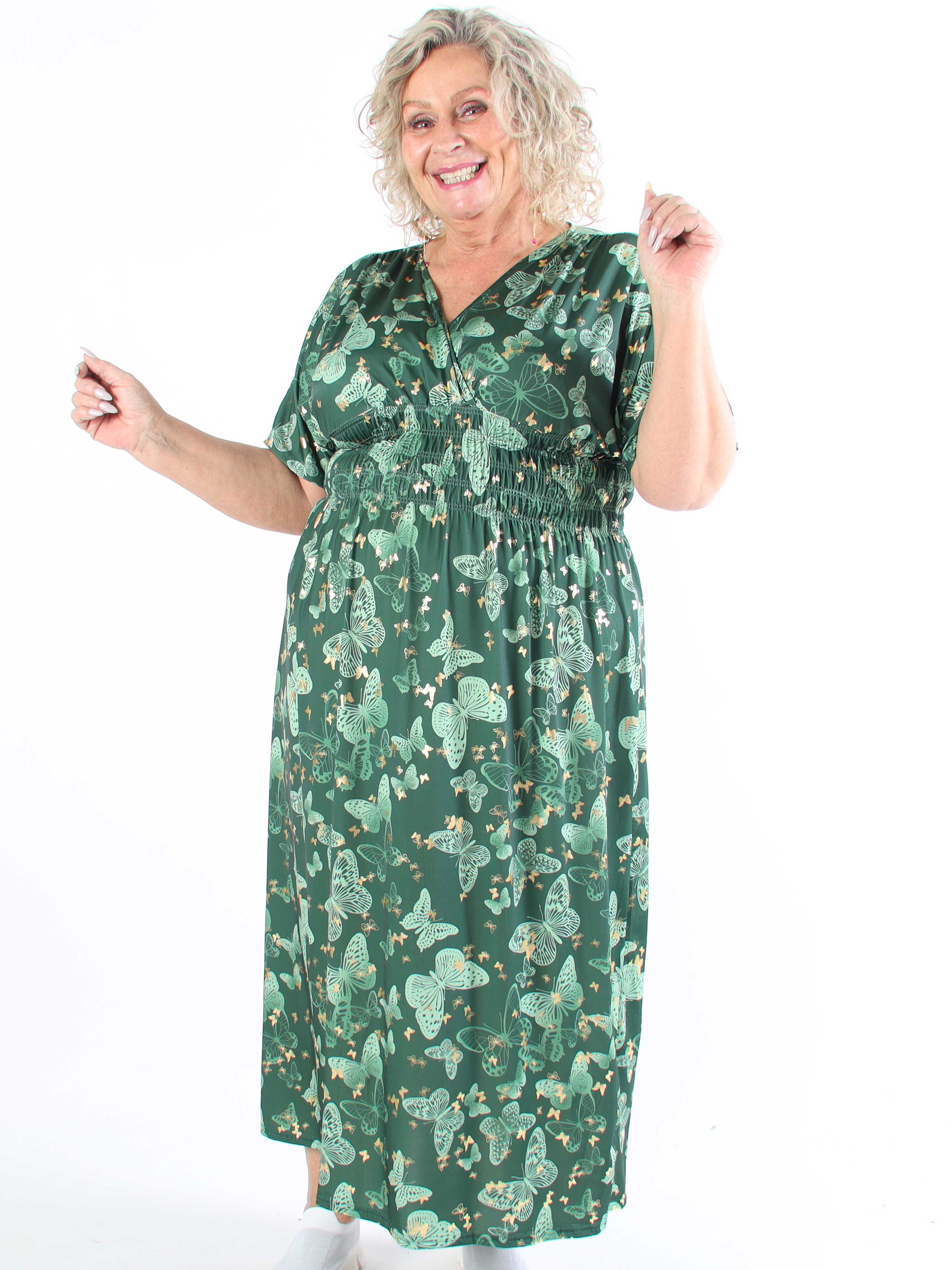 Pams Butterfly - Lång elastisk plus size-klänning med smockad midja