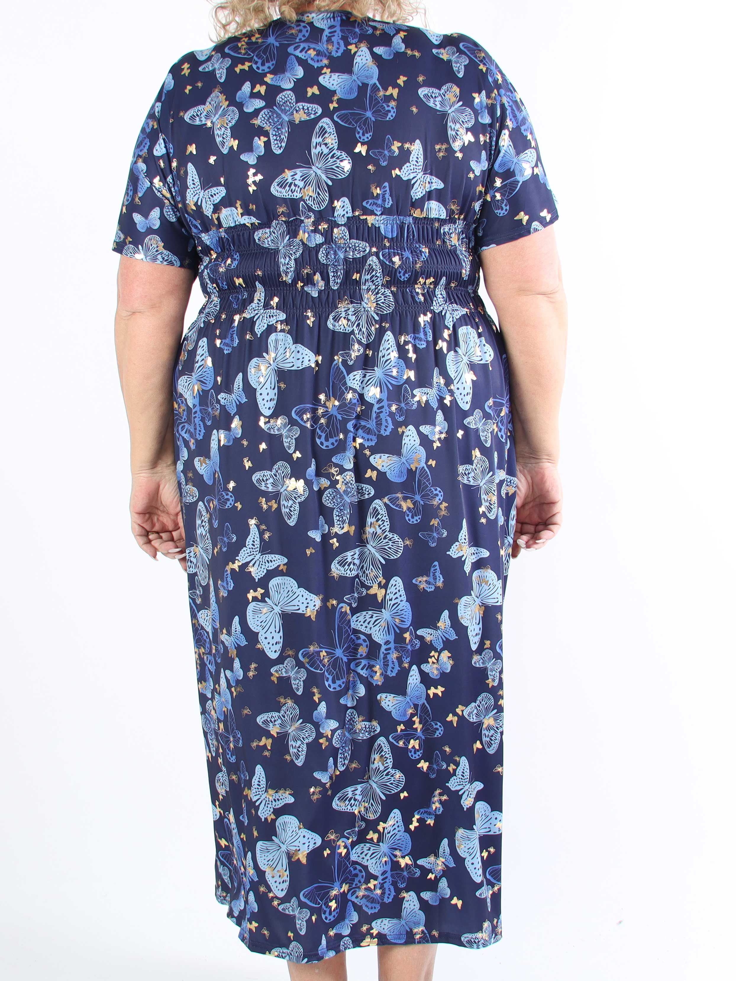 Pams Butterfly - Lång elastisk plus size-klänning med smockad midja