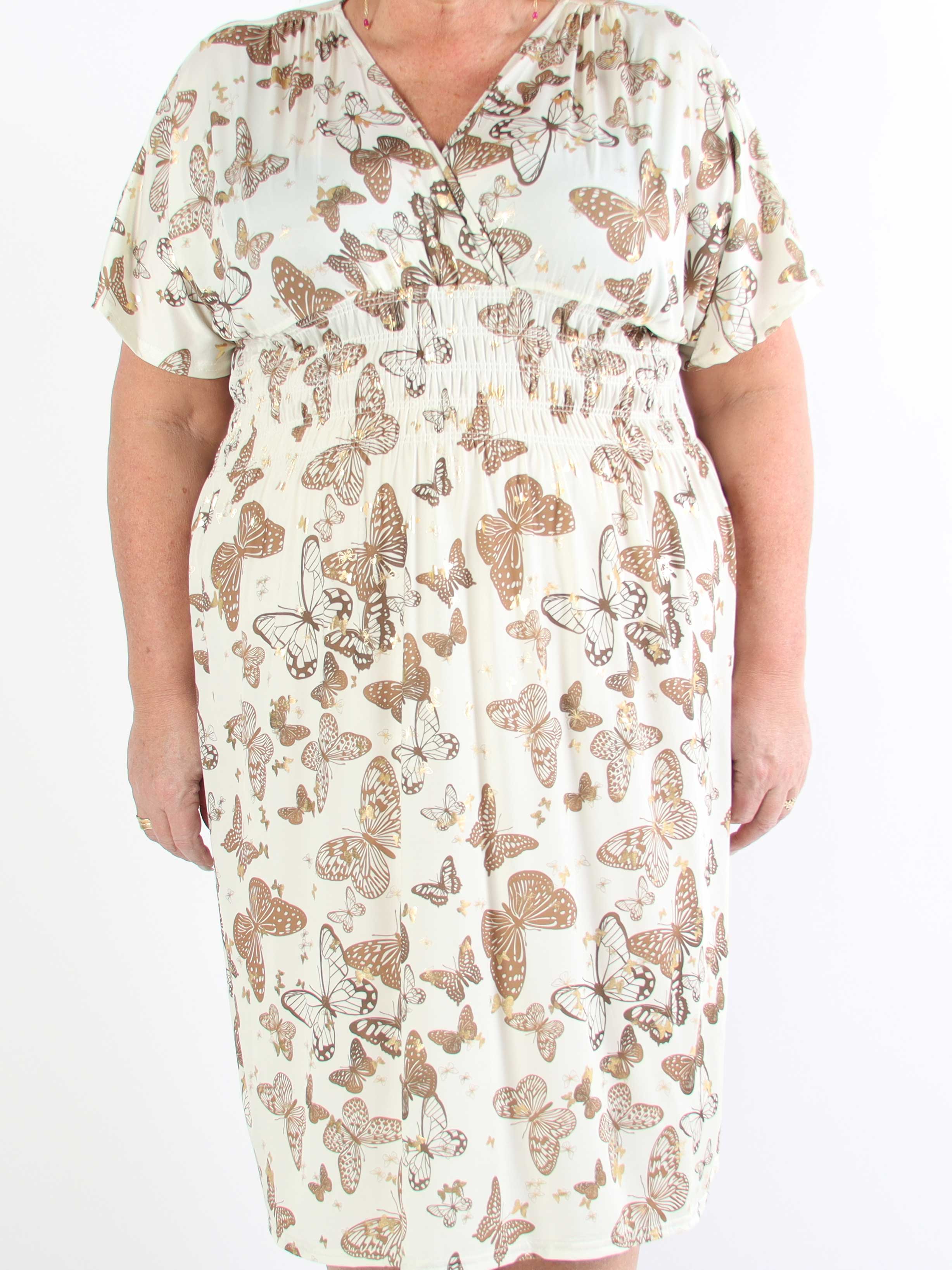 Pams Butterfly Midi S/S - Elastisk plus size-klänning med fjärilsmönster