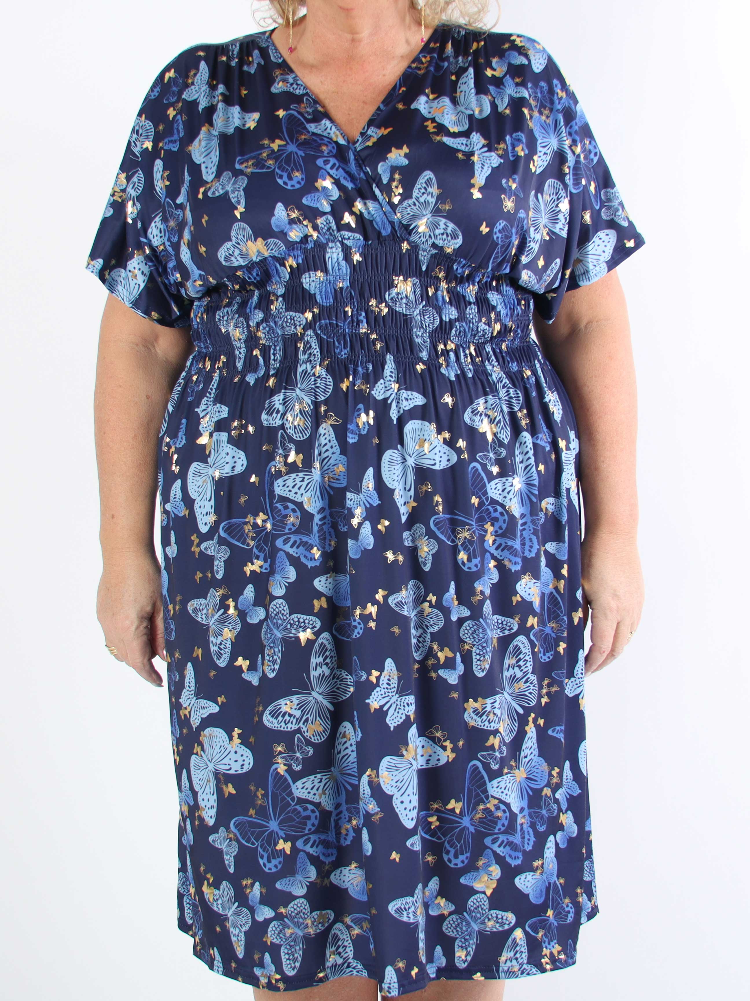 Pams Butterfly Midi S/S - Elastisk plus size-klänning med fjärilsmönster