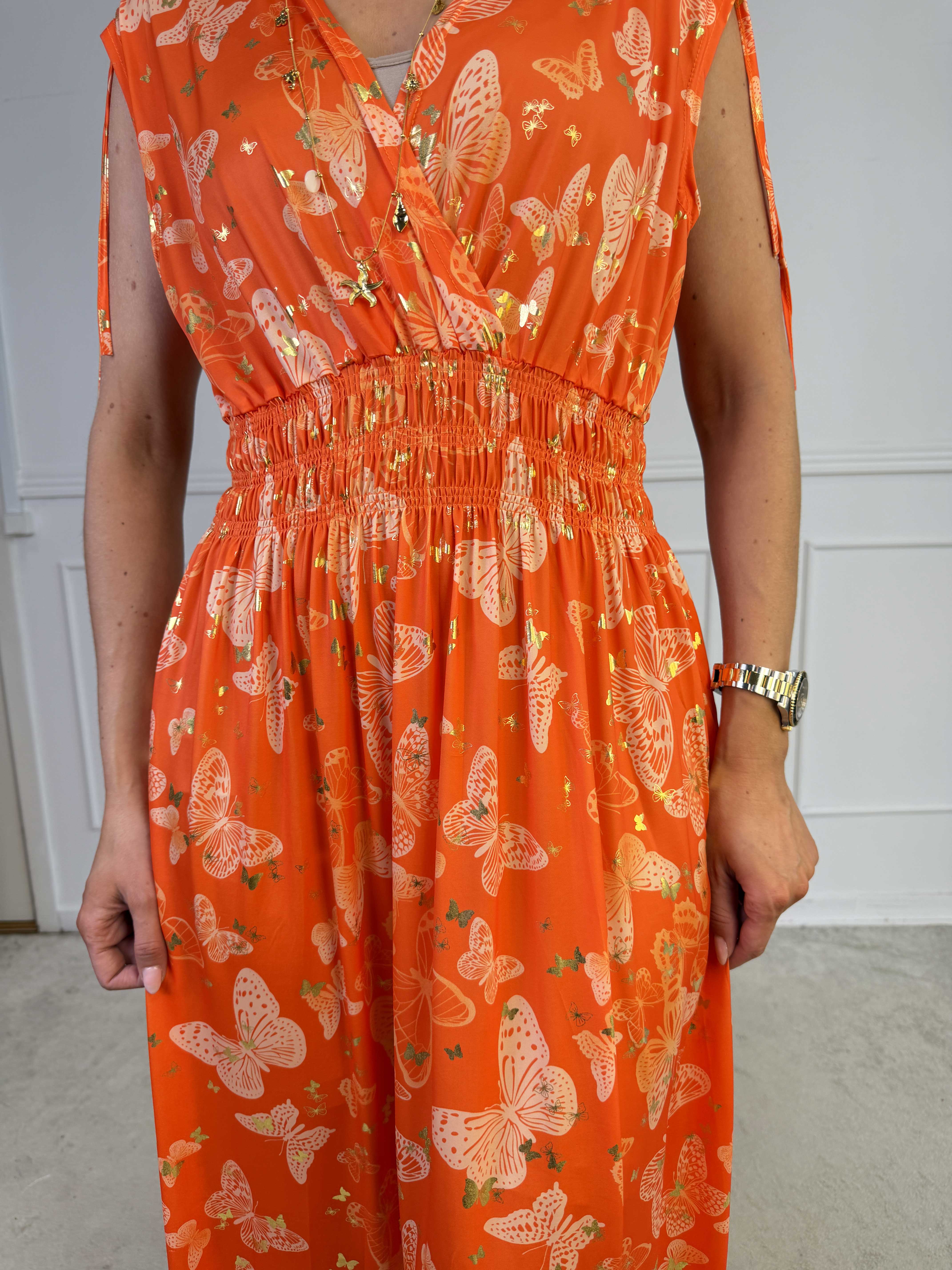 Pams Butterfly Sleeveless - Lang elastisk kjole med sommerfugleprint og gulddetaljer
